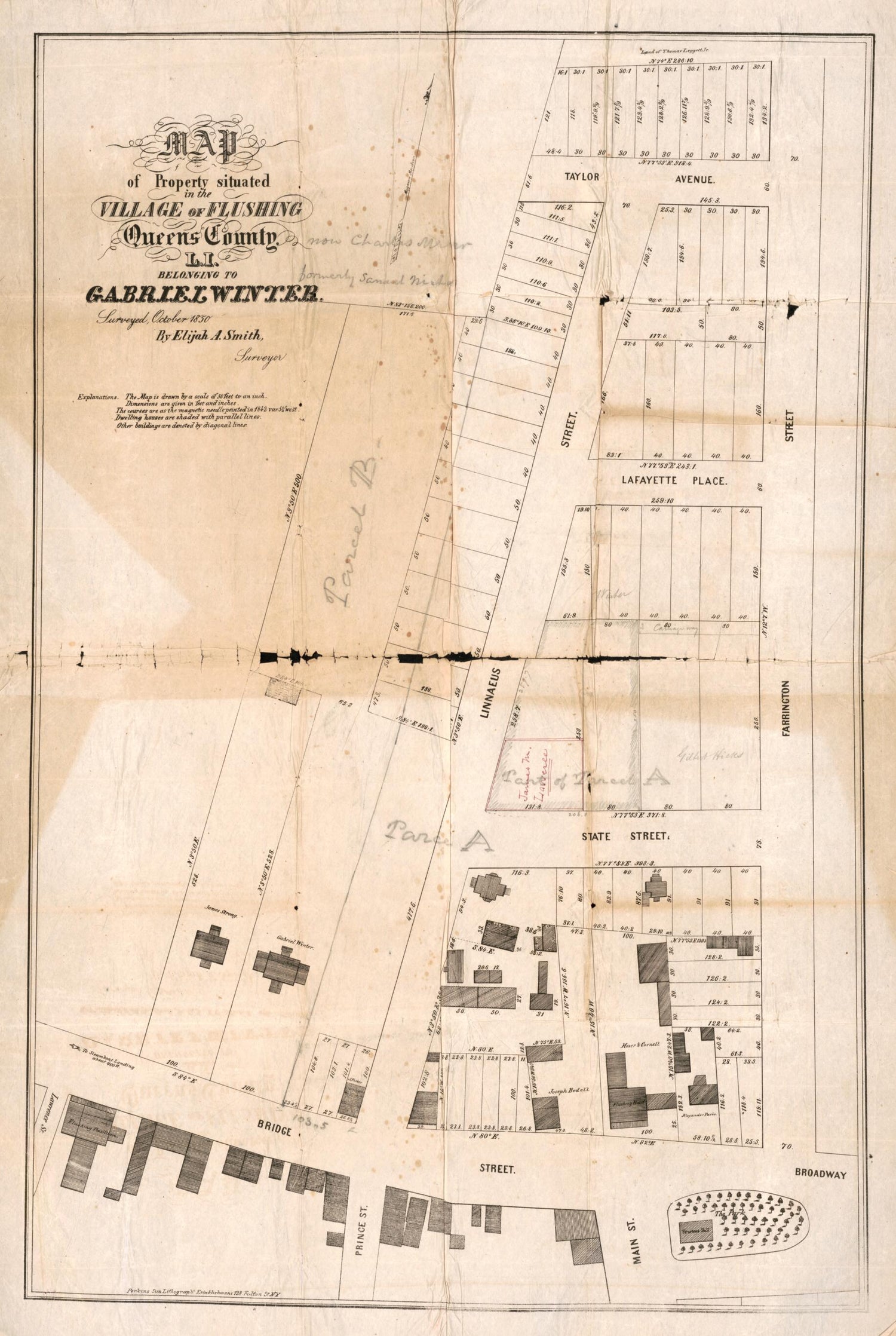 This old map of Map of Property Situated In the Village of Flushing, Queens County, L.I., Belonging to Gabriel Winter from 1850 was created by  Perkins Sun Lithographic Establishment, Elijah A. Smith, Gabriel Winter in 1850