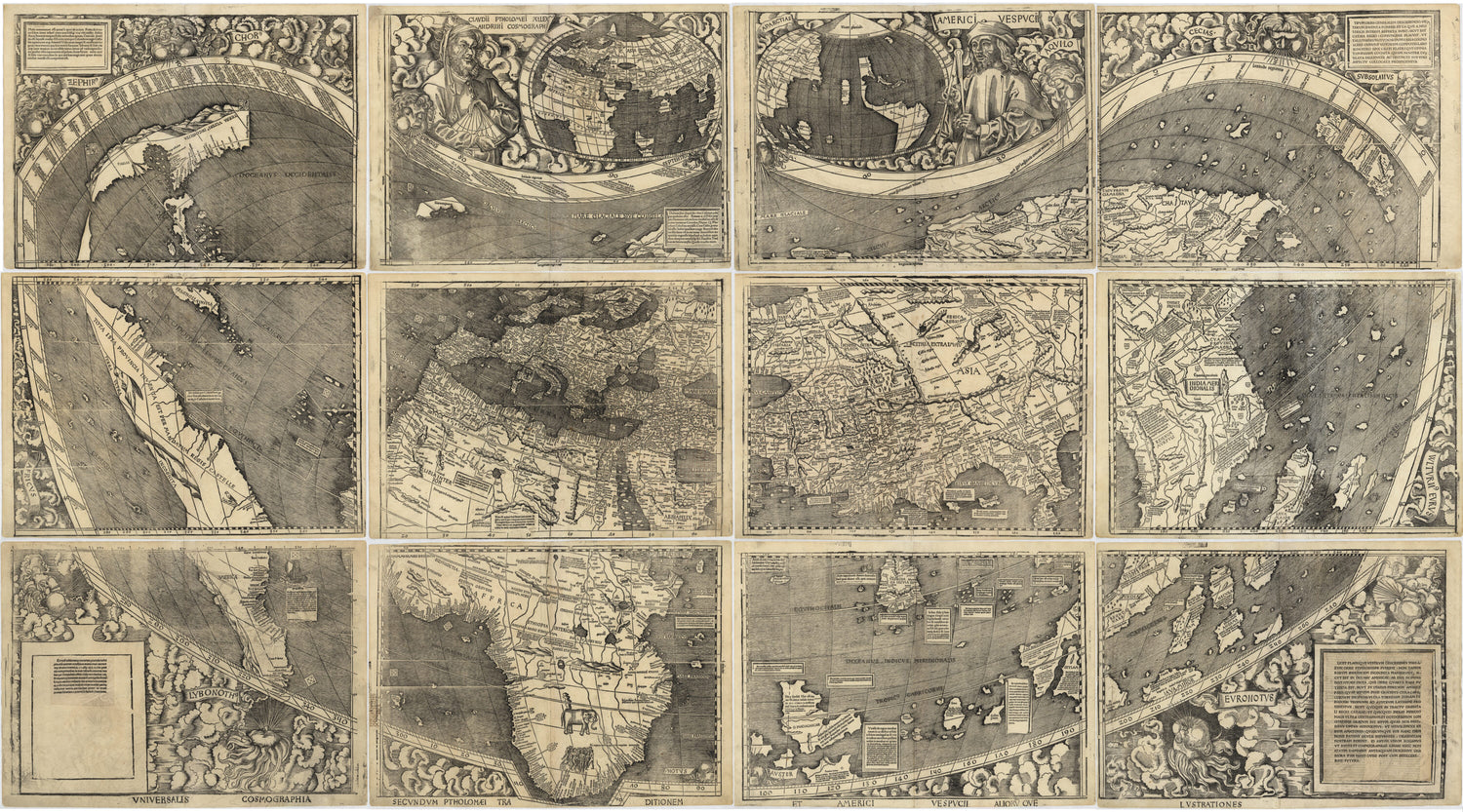 This old map of Universalis Cosmographia Secundum Ptholomaei Traditionem Et Americi Vespucii Aliorumque Lustrationes. (Universalis Cosmographia Secundum Ptholomaei Traditionem Et Americi Vespucii Aliorū Que Lustrationes) from 1507 was created by Martin 