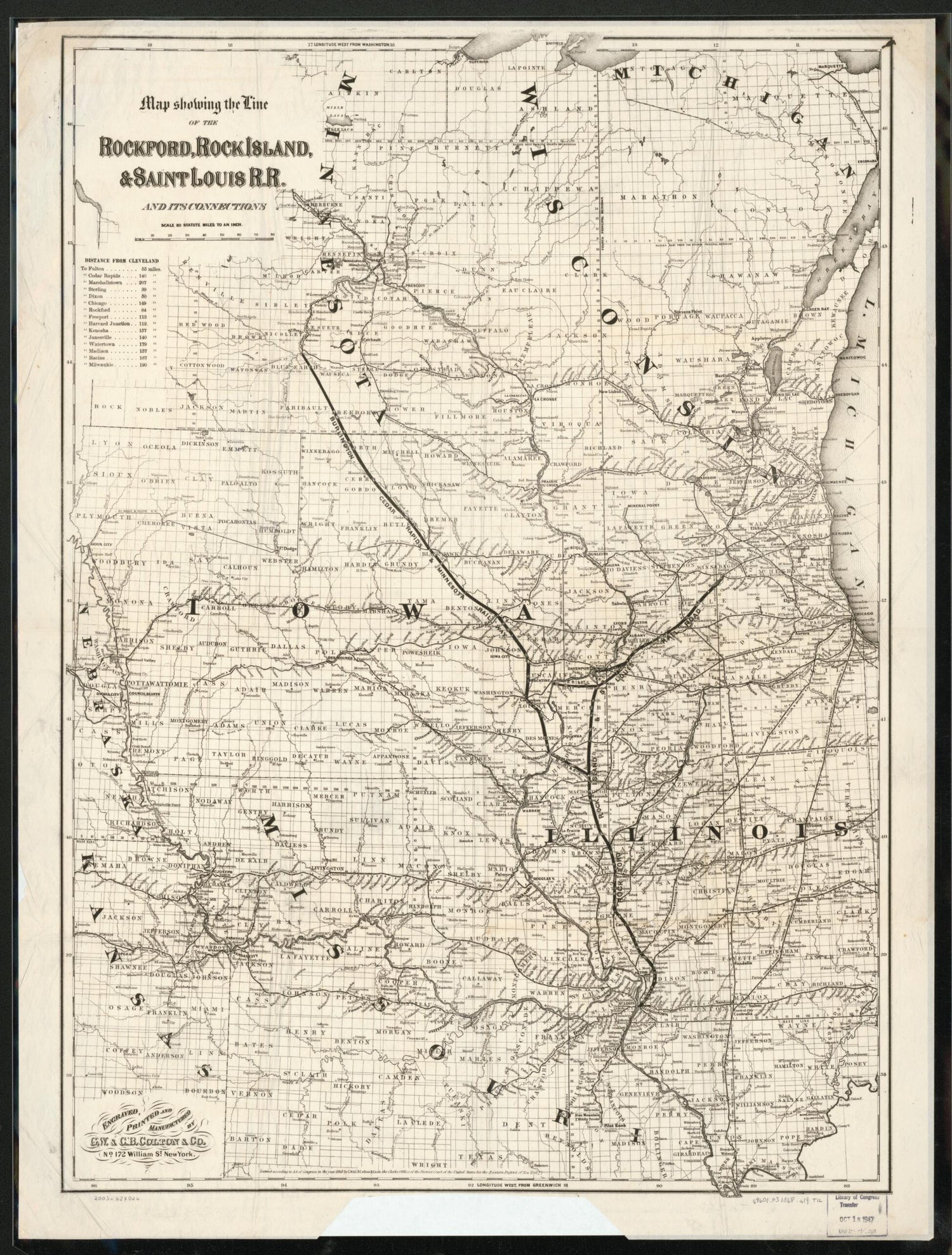 This old map of Map Showing the Line of the Rockford, Rock Island, &amp; Saint Louis R.R. and Its Connections from 1868 was created by  G.W. &amp; C.B. Colton &amp; Co, Rock Island Rockford in 1868