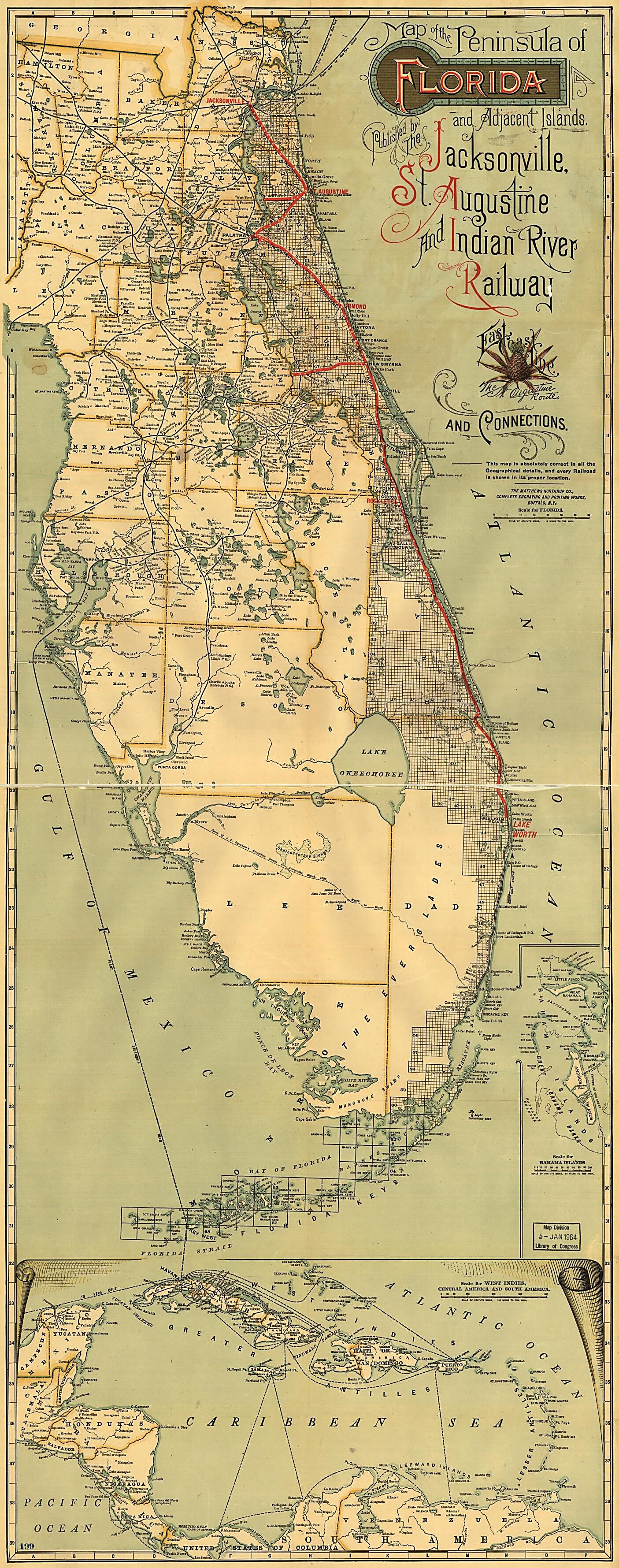 This old map of Map of the Peninsula of Florida and Adjacent Islands : East Coast Line, the St. Augustine Routes and Connections. (Jacksonville, St. Augustine, and Indian River Railway) from 1893 was created by St. Augustine Jacksonville,  Northrup Compa