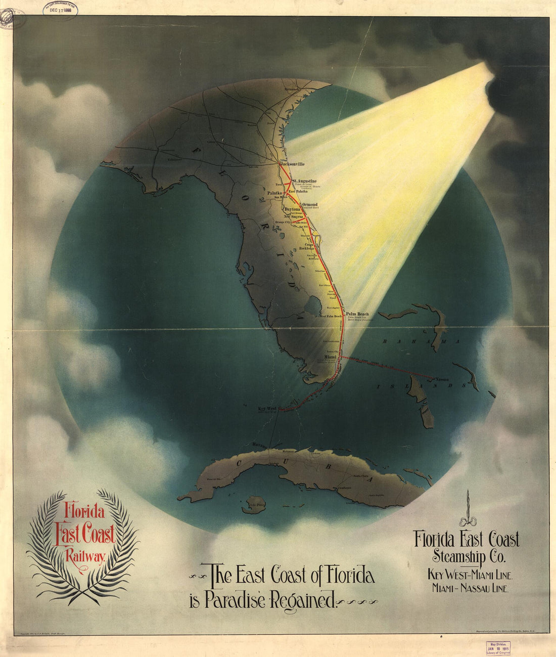 This old map of The East Coast of Florida Is Paradise Regained from 1898 was created by J. P. Beckwith,  Florida East Coast Railway,  Florida East Coast Steamship Co in 1898