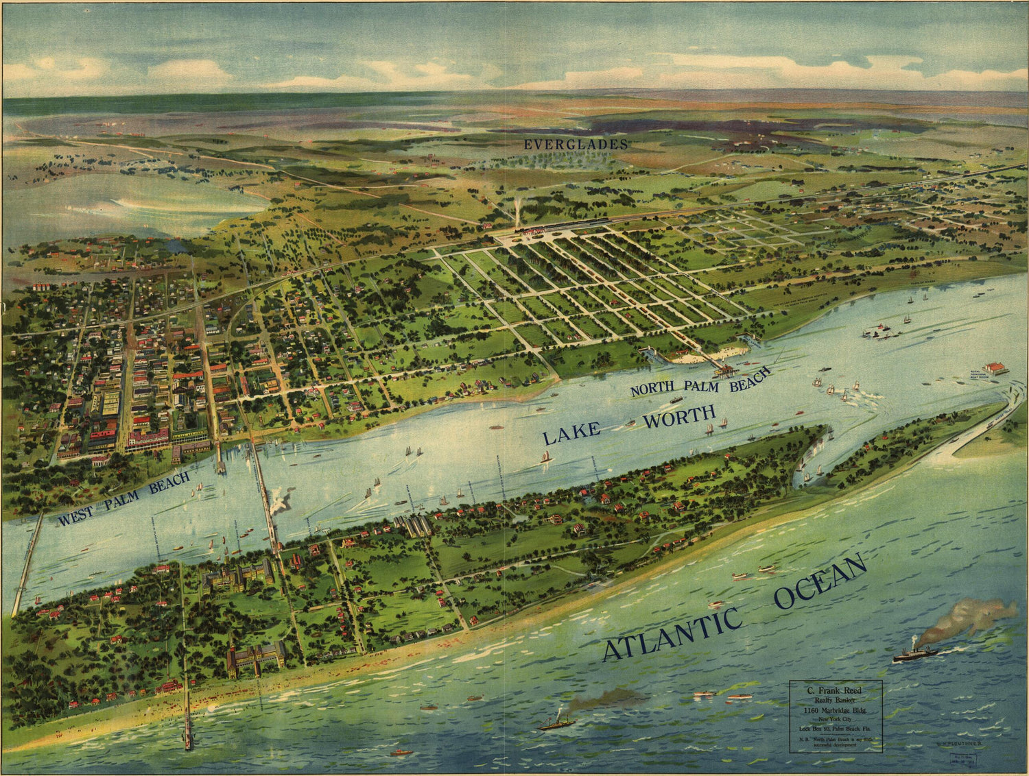 This old map of Panoramic View of West Palm Beach, North Palm Beach and Lake Worth from 1915 was created by W. K. Pleuthner in 1915