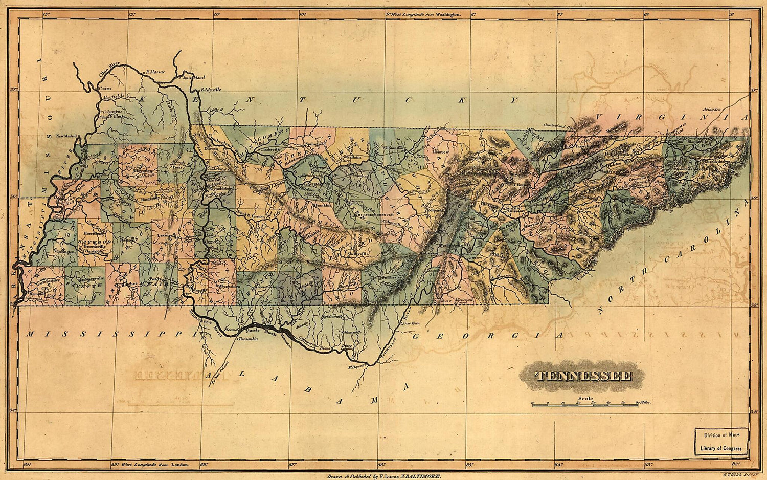 This old map of Tennessee from 1826 was created by Fielding Lucas in 1826