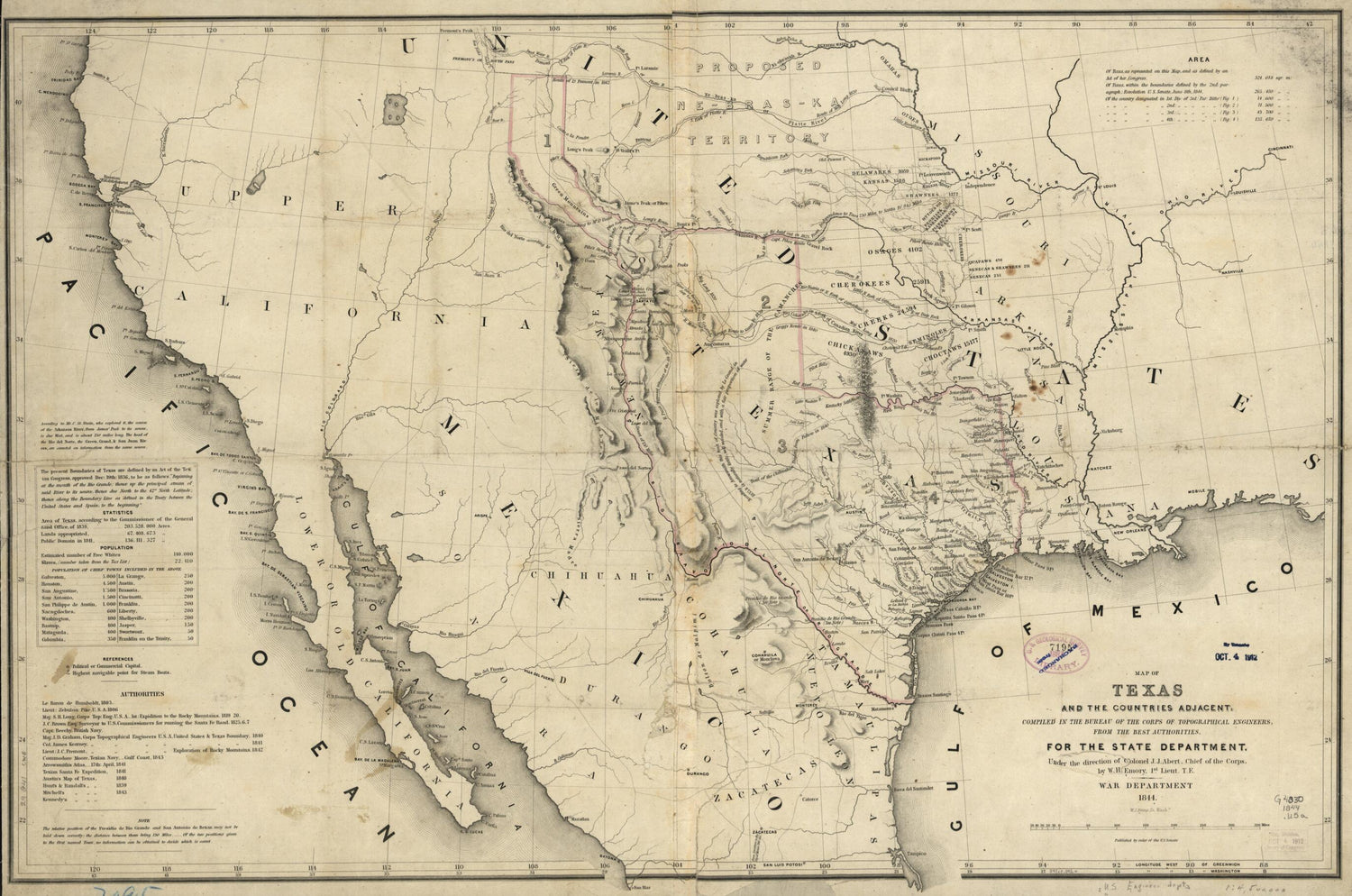 This old map of Map of Texas and the Countries Adjacent from 1844 was created by William H. (William Hemsley) Emory, William James Stone,  United States. Army. Corps of Topographical Engineers,  United States. Corps of Topographical Engineers in 1844