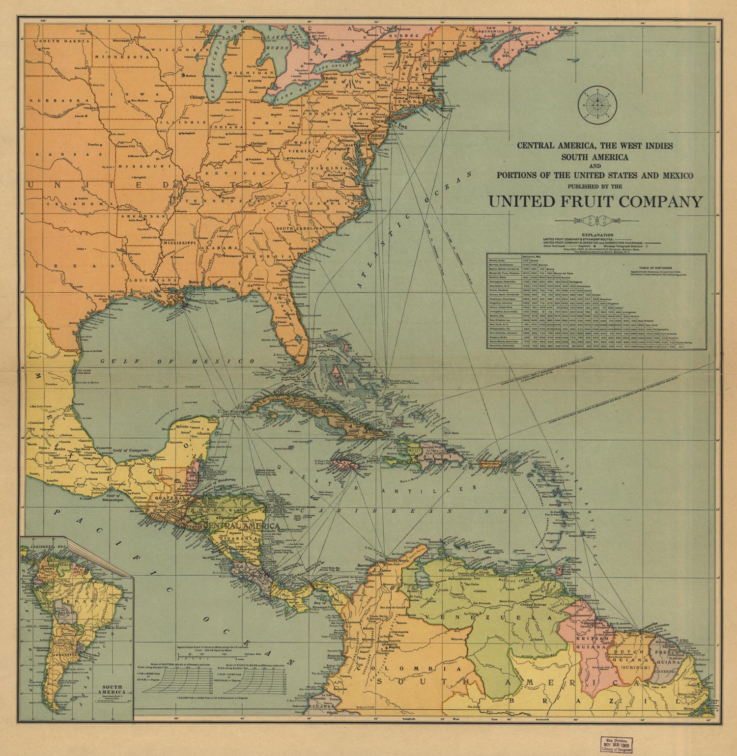 This old map of Central America, the West Indies South America and Portions of the United States and Mexico from 1909 was created by  United Fruit Company in 1909