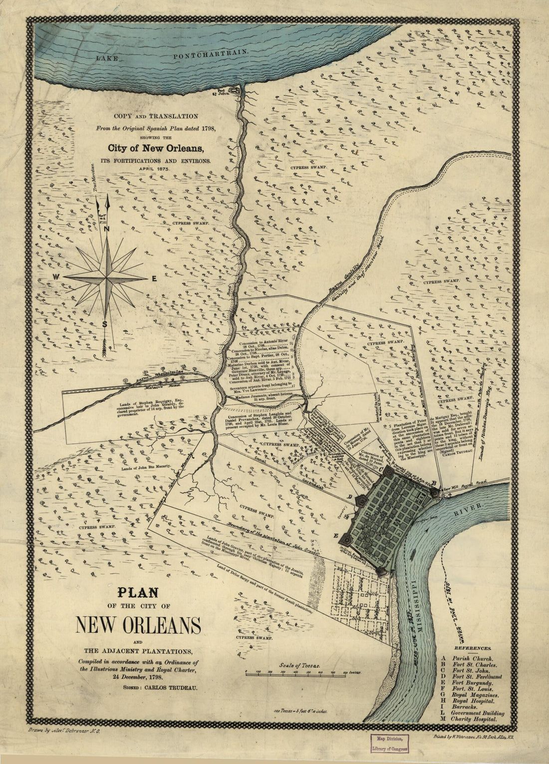 This old map of Plan of the City of New Orleans and Adjacent Plantations from 1875 was created by Alexander Debrunner, Charles Laveau Trudeau in 1875
