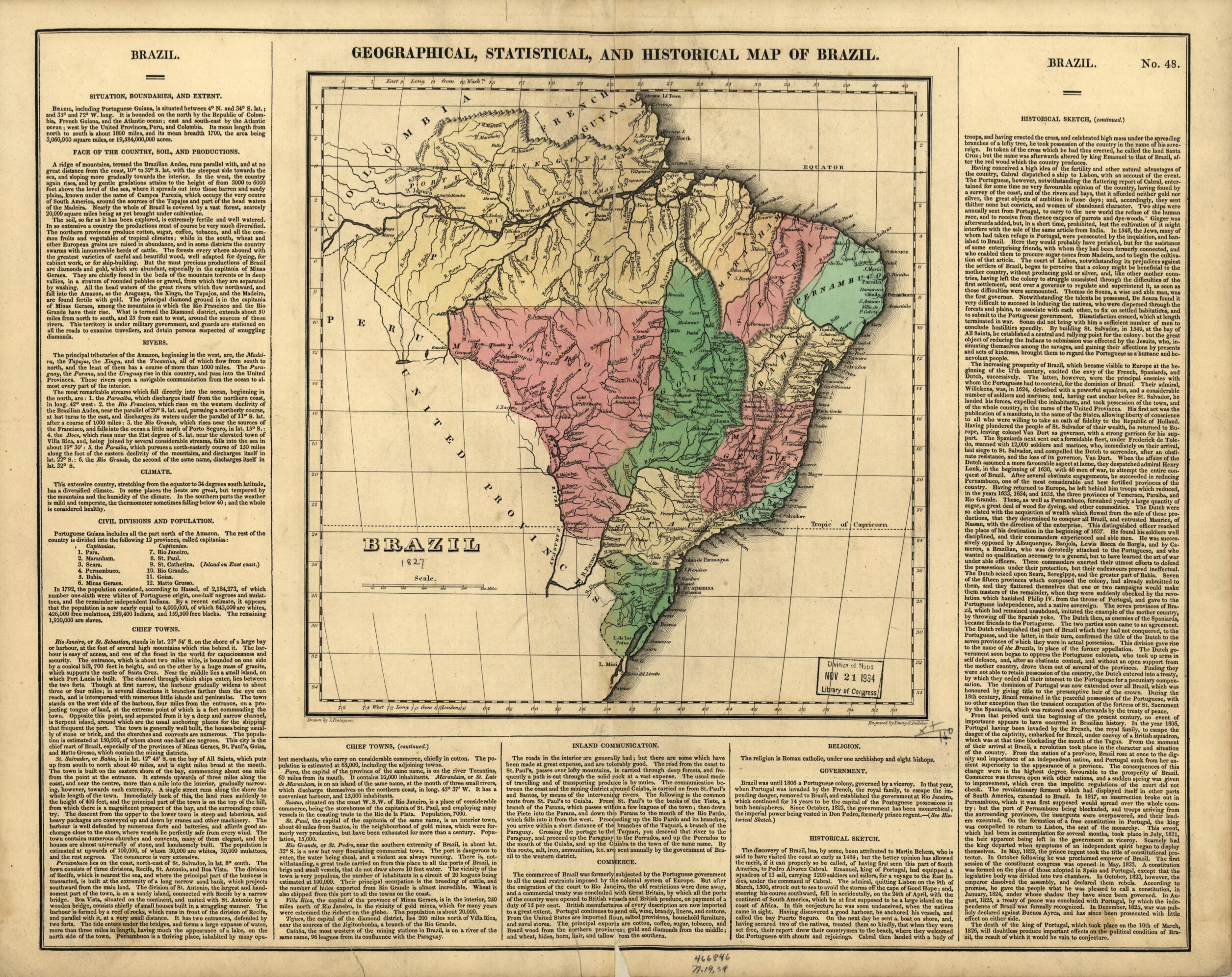 This old map of Geographical, Statistical, and Historical Map of Brazil from 1827 was created by  Carey &amp; Lea, James Finlayson,  Young &amp; Delleker in 1827