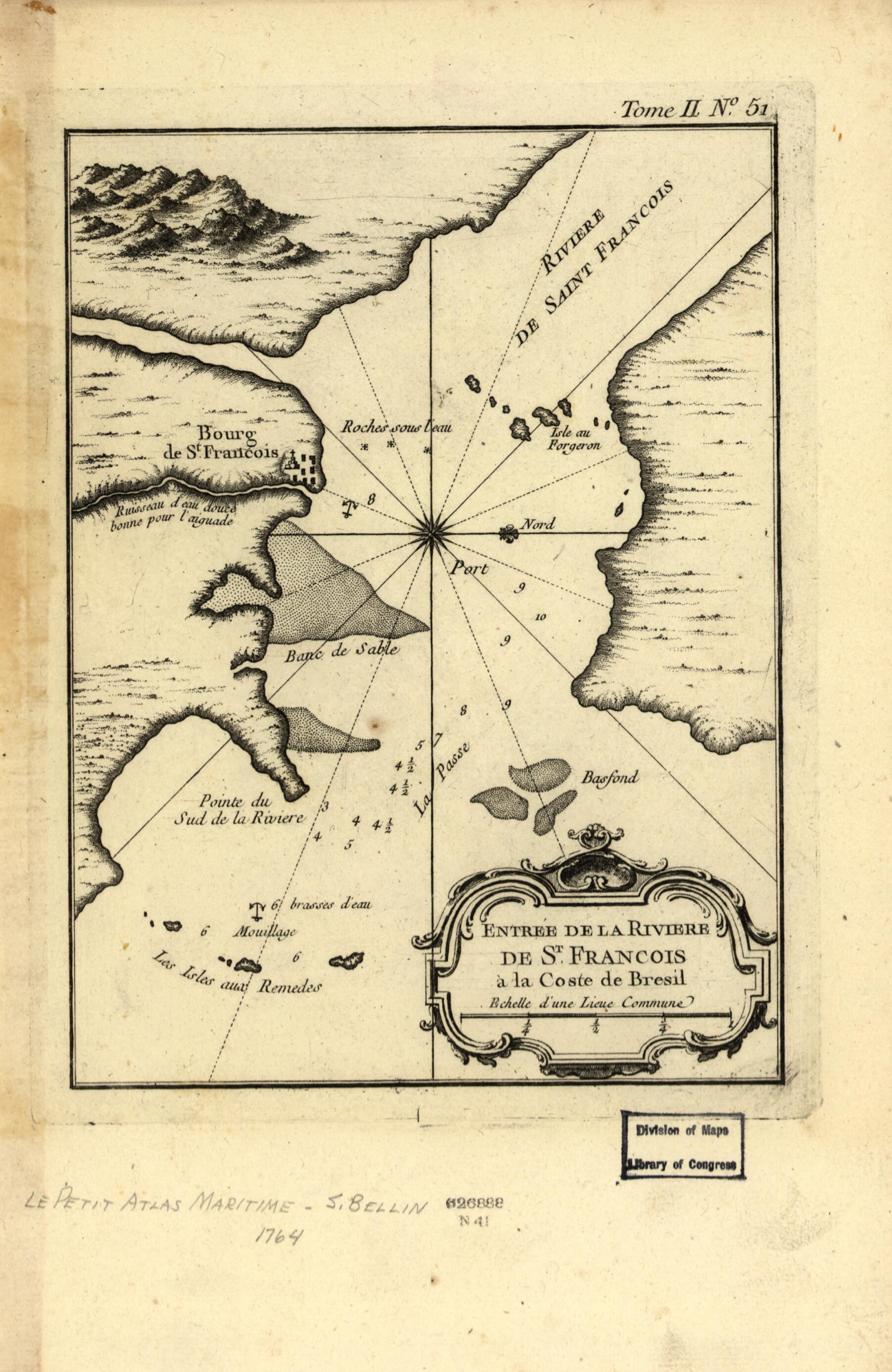 This old map of Entrée De La Riviere St. Francois à La Coste De Brezil from 1764 was created by Jacques Nicolas Bellin in 1764