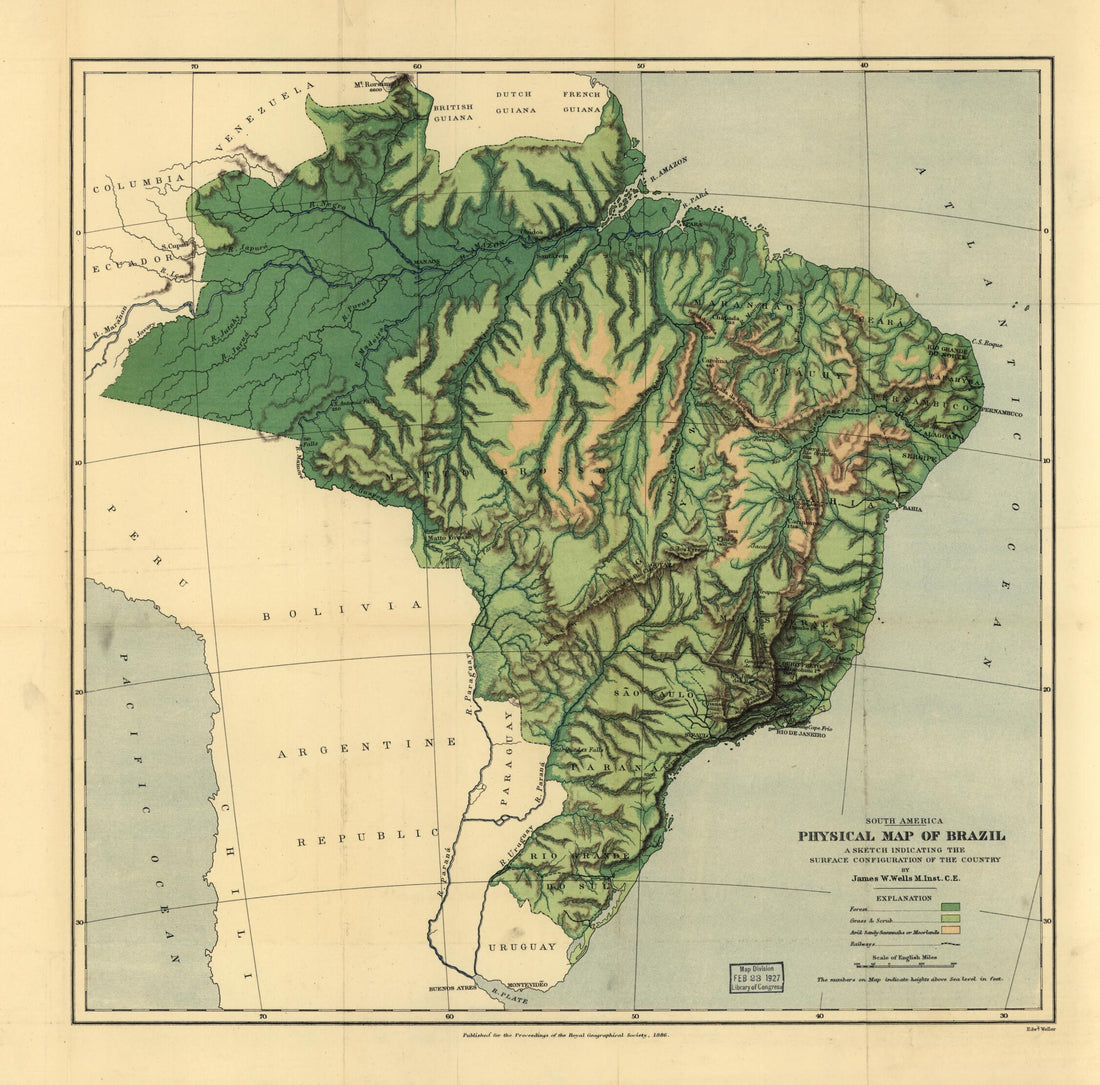 This old map of Physical Map of Brazil from 1886 was created by  Royal Geographical Society (Great Britain), James W. (James William) Wells in 1886