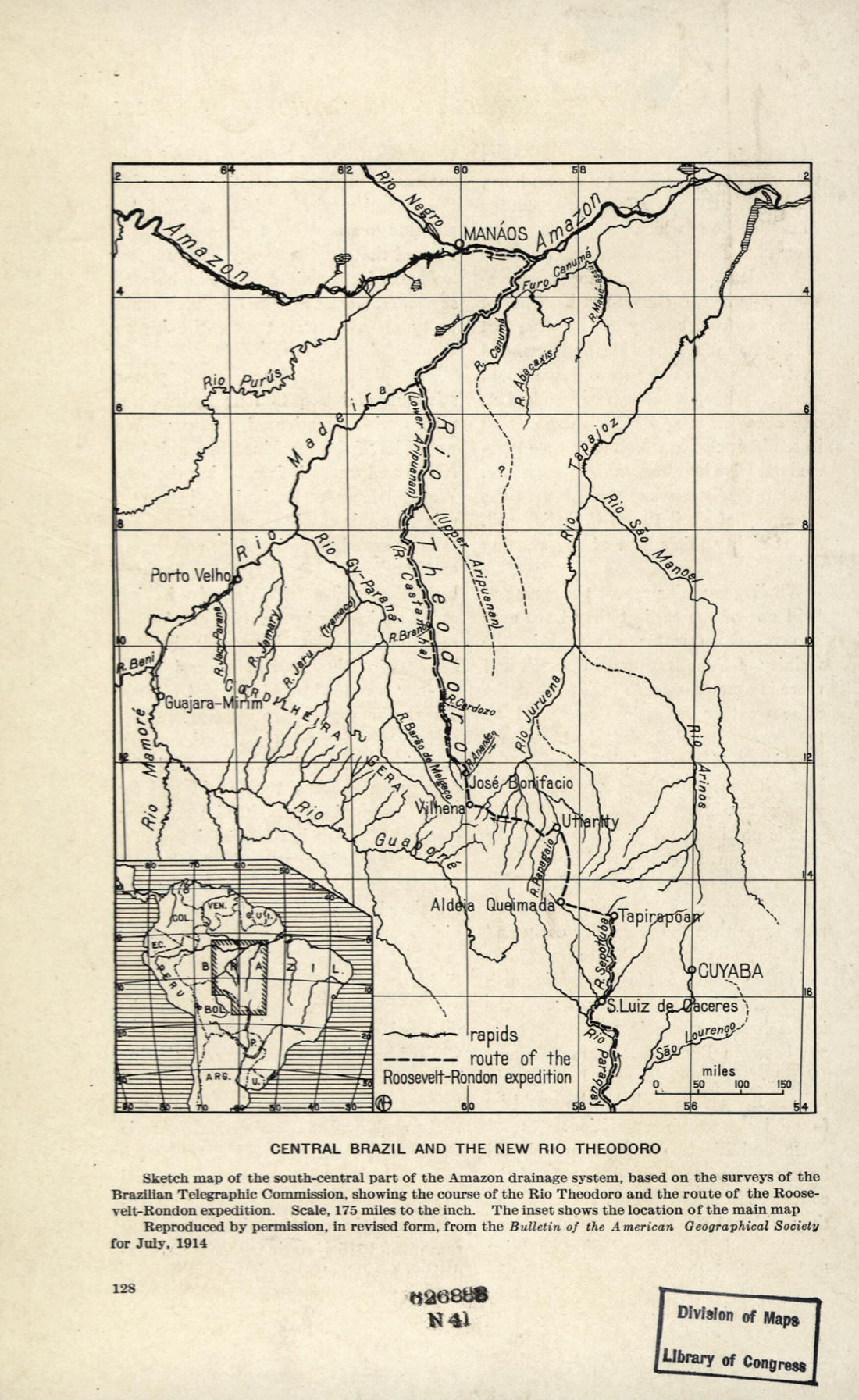 This old map of Central Brazil and the New Rio Theodoro from 1915 was created by  in 1915