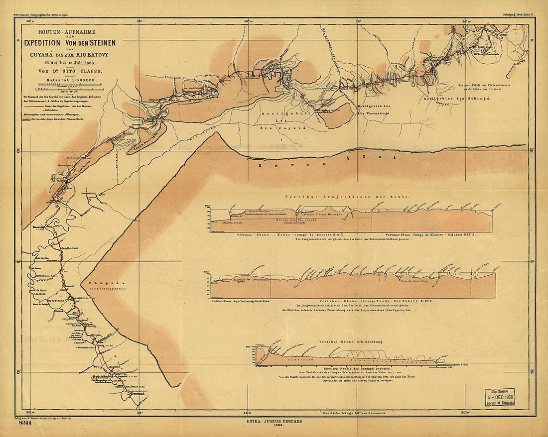 This old map of Aufnahme Der Expedition Von Den Steinen Von Cuyabá Biz Zum Rio Batovy from 1883 was created by Otto Clauss in 1883