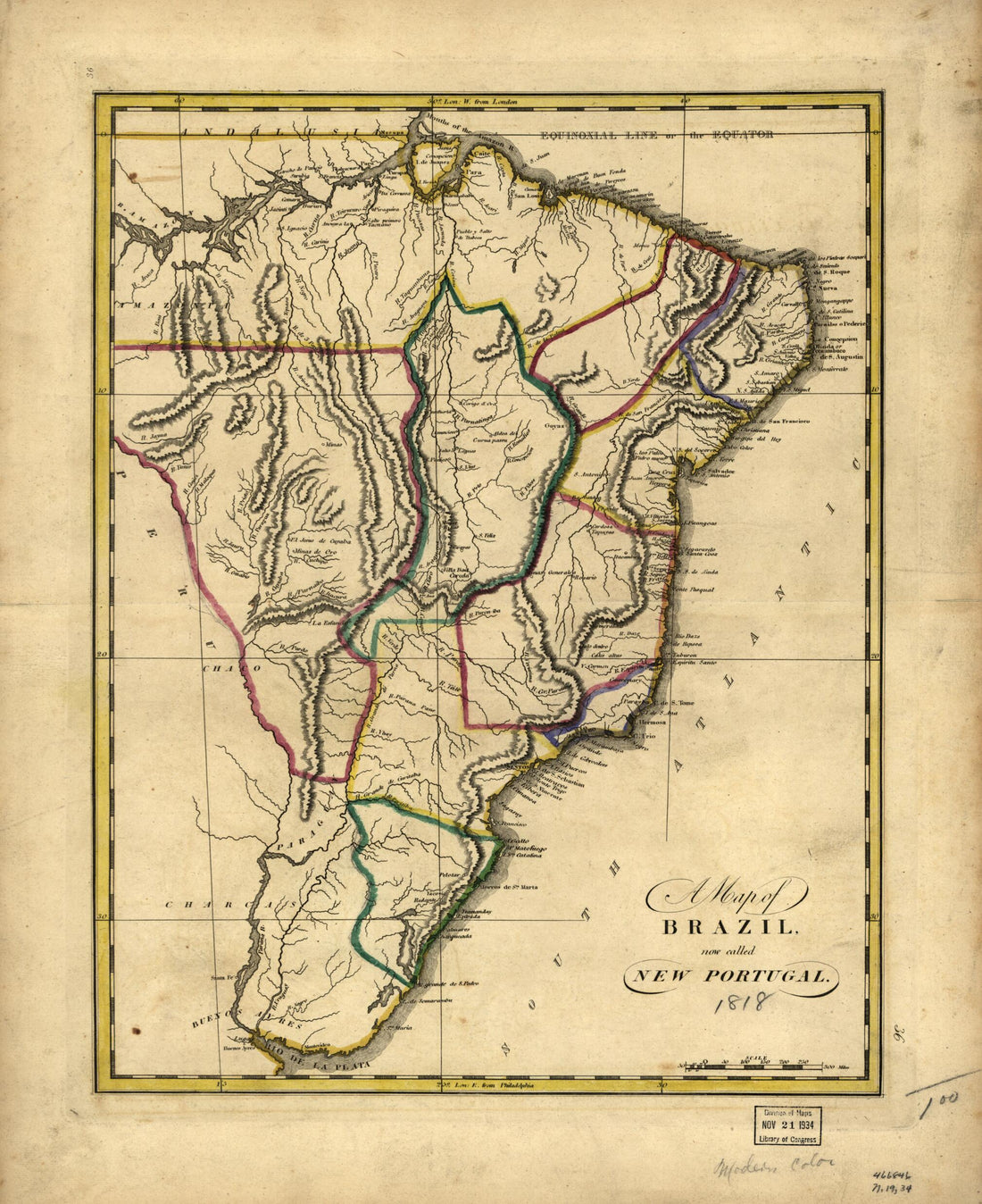 This old map of A Map of Brazil, Now Called New Portugal from 1818 was created by Mathew Carey in 1818