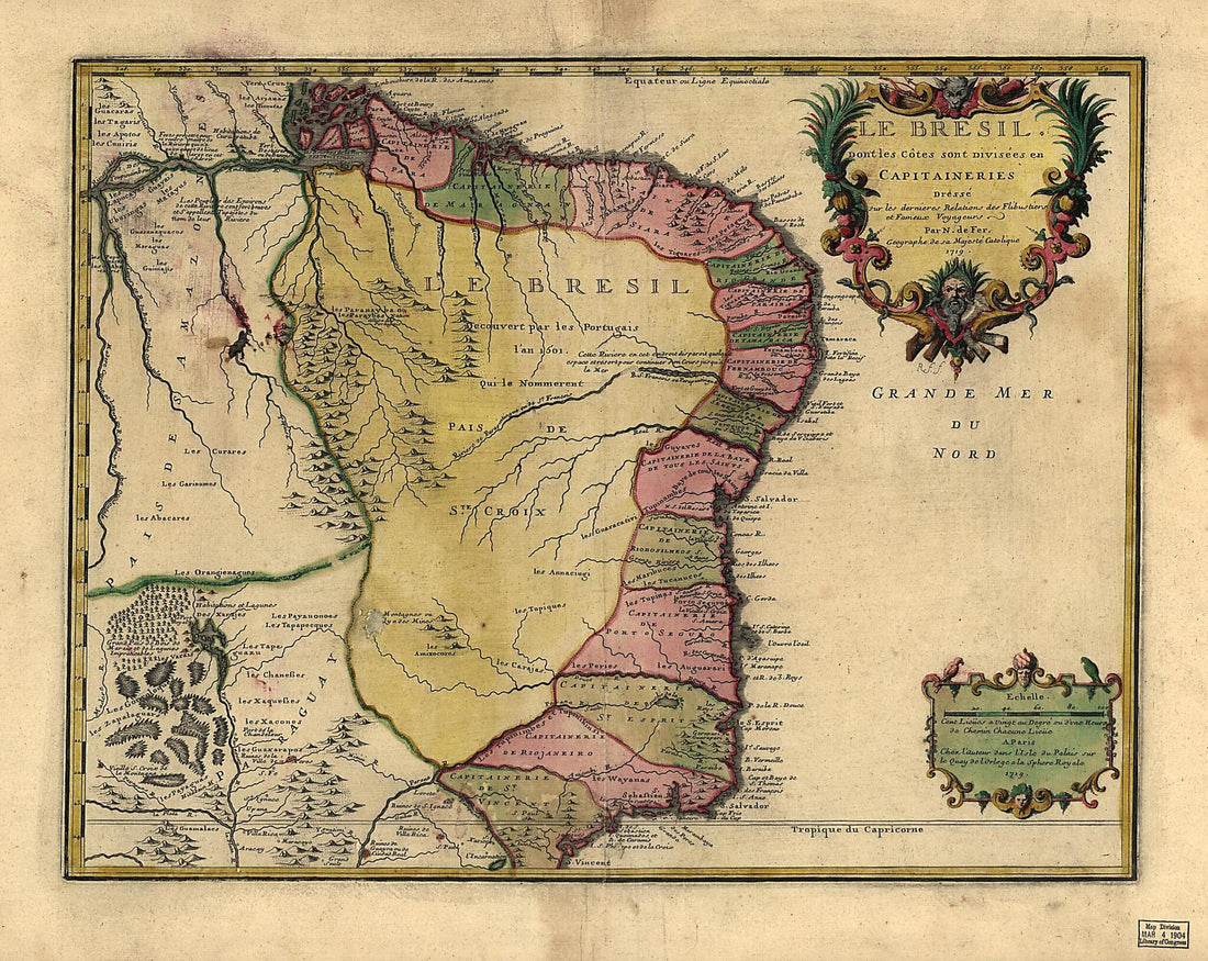 This old map of Le Bresil from 1719 was created by Nicolas De Fer in 1719