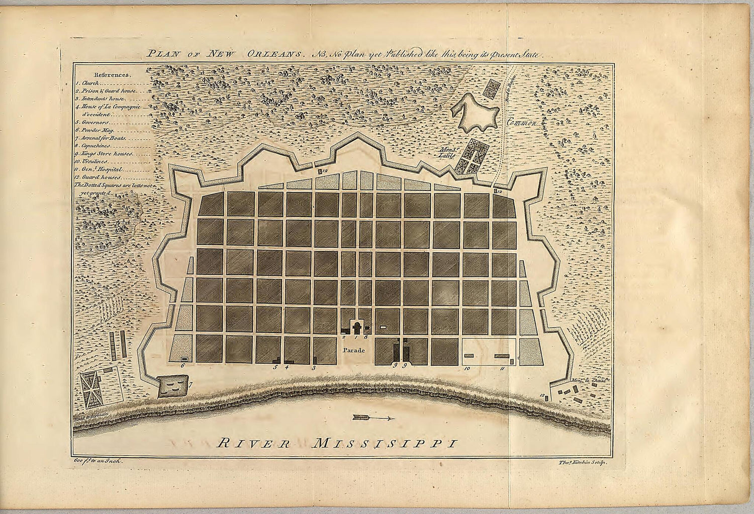 This old map of Plan of New Orleans from 1770 was created by Philip Pittman in 1770