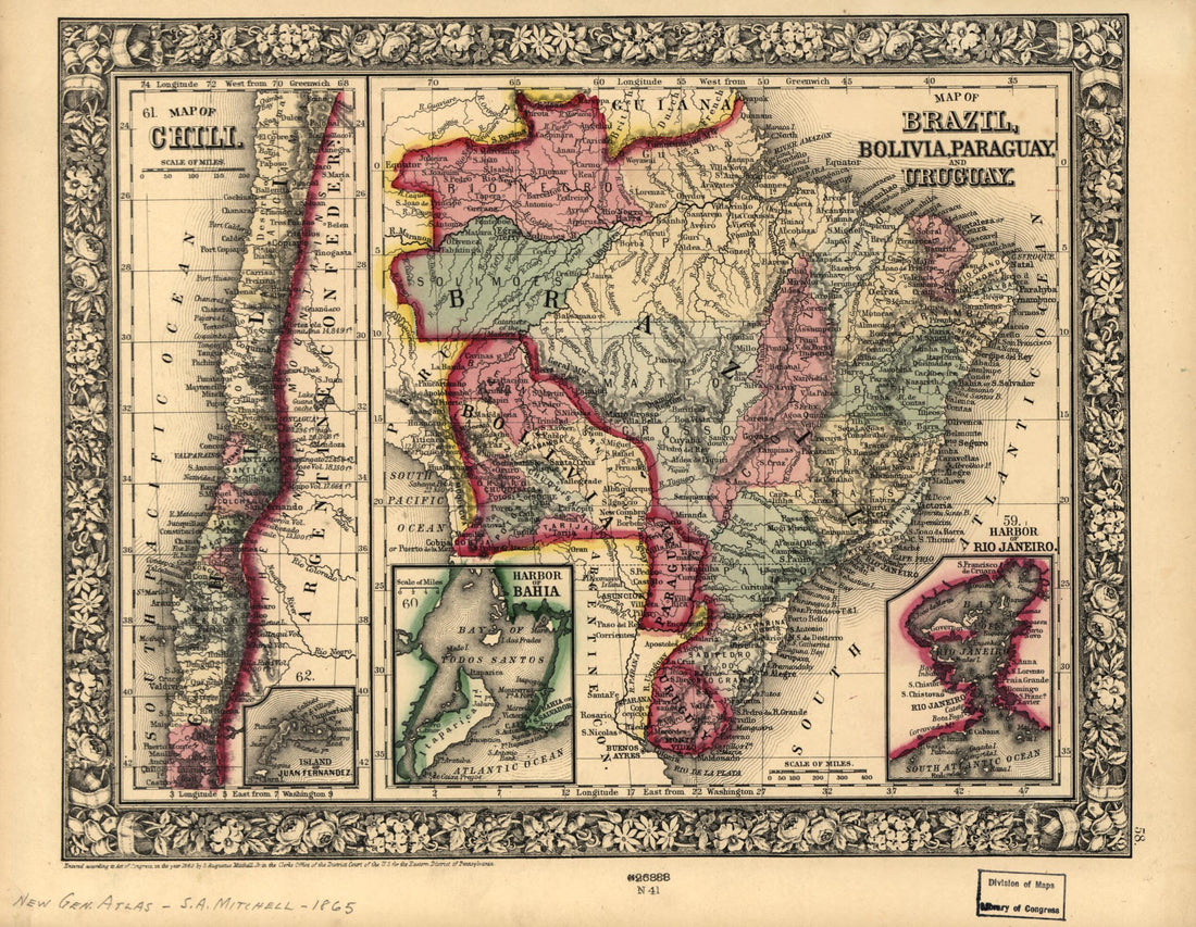 This old map of Map of Brazil, Bolivia, Paraguay, and Uruguay ; Map of Chili from 1871 was created by S. Augustus (Samuel Augustus) Mitchell in 1871