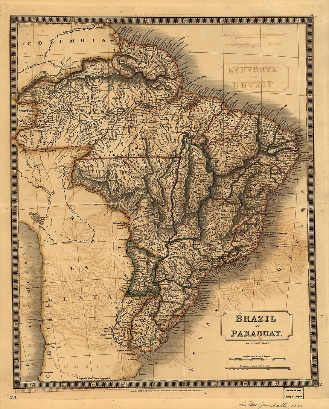 This old map of Brazil and Paraguay from 1828 was created by Sidney Hall, Rees Longman in 1828