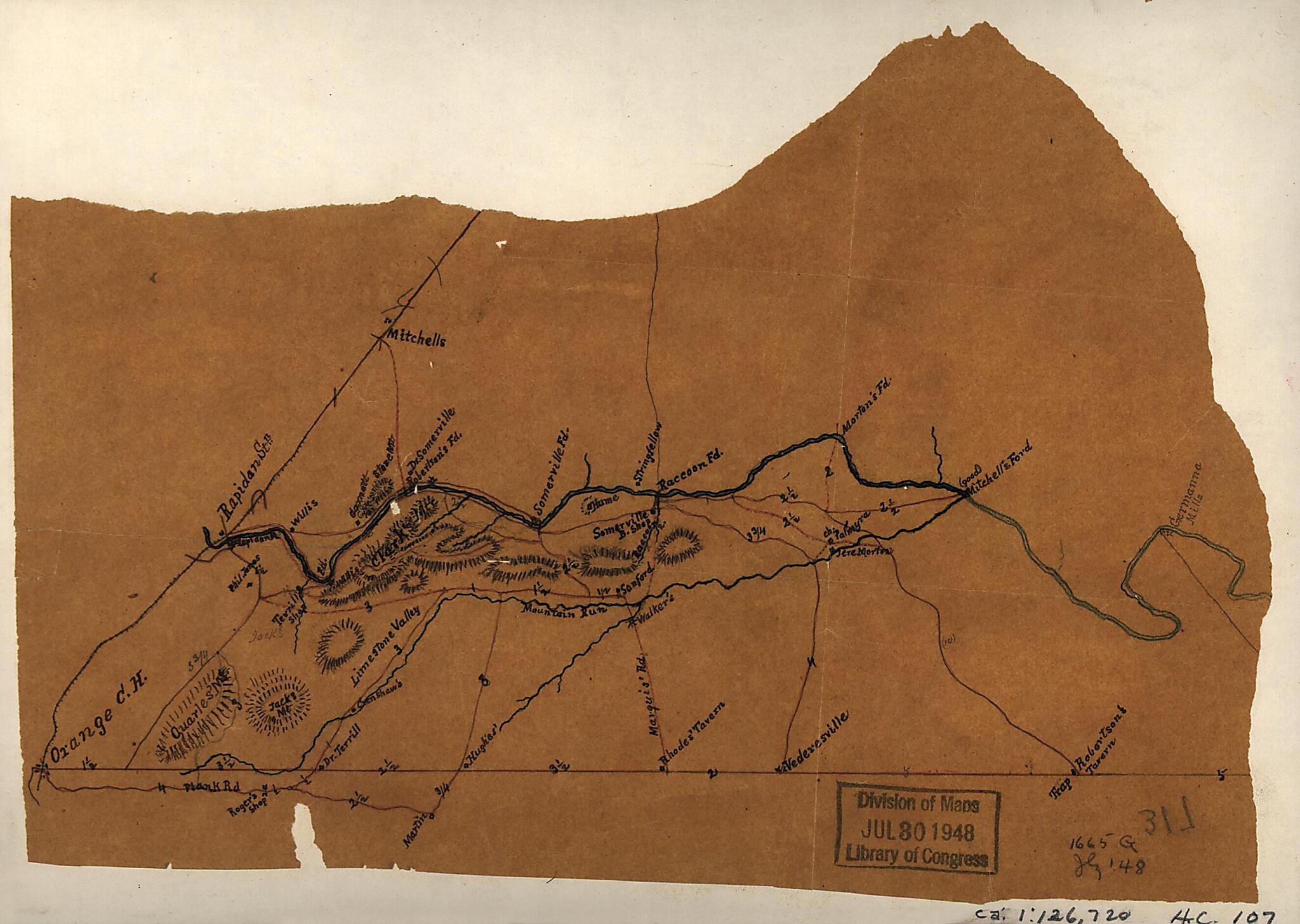 This old map of Sketch of a Portion of Orange County, North and East of Orange Showing the Rapidan River from Rapidan Station to Germanna Mills and the Plank Road to Robertson&