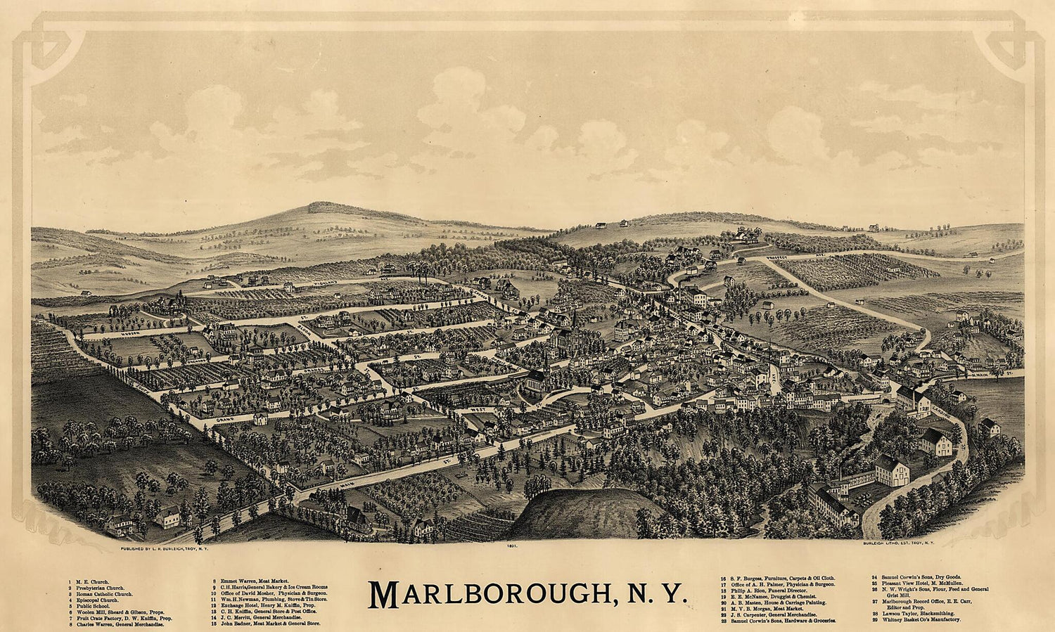 This old map of Marlborough, New York from 1891 was created by  Burleigh Litho, L. R. (Lucien R.) Burleigh in 1891