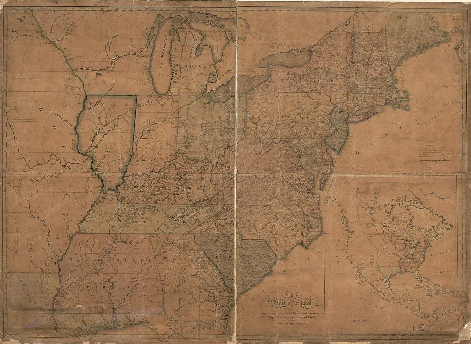 This old map of Roads, the Situations, Connexions &amp; Distances of the Post-offices, Stage Roads, Counties &amp; Principal Rivers (Bradley&