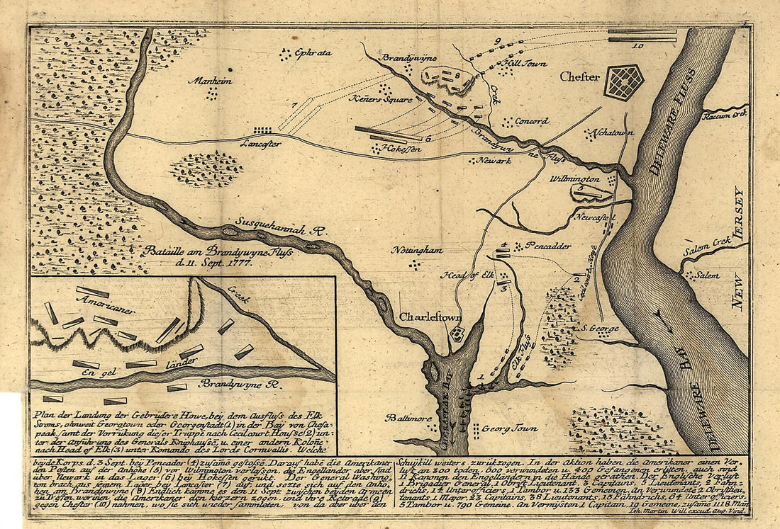 This old map of Zehn Karten Und Ansichten Den Schlachtfelden Des Amerikanischen Unabhängigkeitskreiges In Den Staaten Pennsylvanien Und New York from 1777 was created by Johann Martin Will in 1777