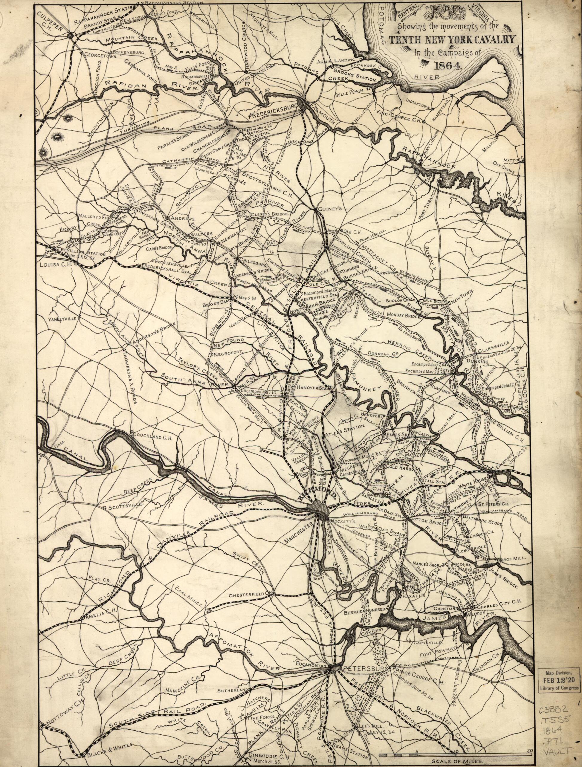 This old map of Map of Central Virginia Showing the Movements of the Tenth New York Cavalry In the Campaigs sic of from 1864. (Map Central Virginia Showing the Movements of the Tenth New York Cavalry In the Campaigs of from 1864) was created by Noble D. 