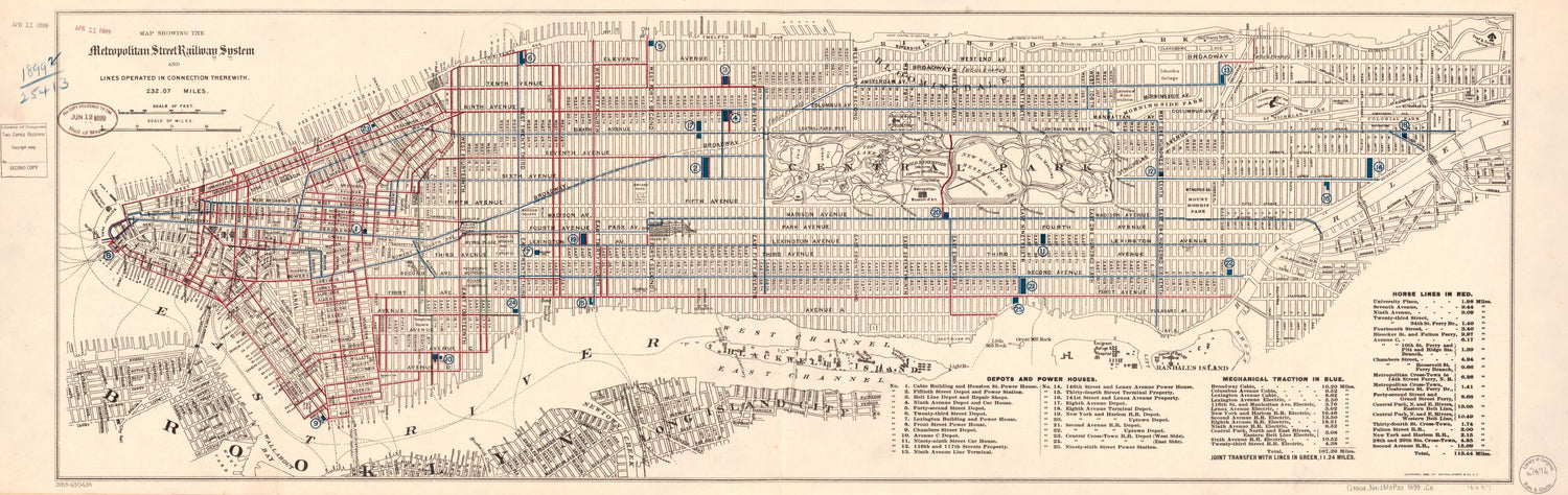 This old map of Map Showing the Metropolitan Street Railway System and Lines Operated In Connection Therewith : 232.07 Miles : borough of Manhattan, New York City from 1899 was created by Ohman &amp; Co Colton,  Metropolitan Street Railway Company in 1899