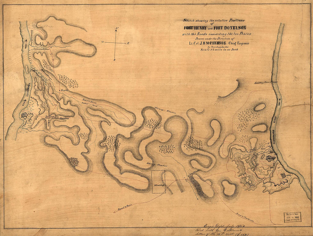 This old map of Sketch Showing the Relative Positions of Fort Henry and Fort Donelson : With the Roads Connecting the Two Places from 1862 was created by Chas Lambecker, James Birdseye McPherson,  United States. War Department. Corps of Engineers in 1862