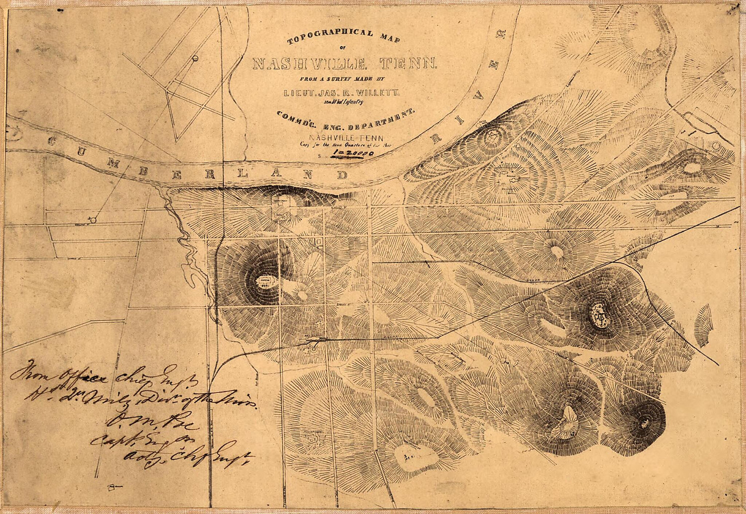 This old map of Topographical Map of Nashville, Tennessee from 1860 was created by O. M. (Orlando Metcalfe) Poe,  United States. Army. Military Division of the Mississippi. Chief Engrs. Office, James R. (James Rowland) Willett in 1860
