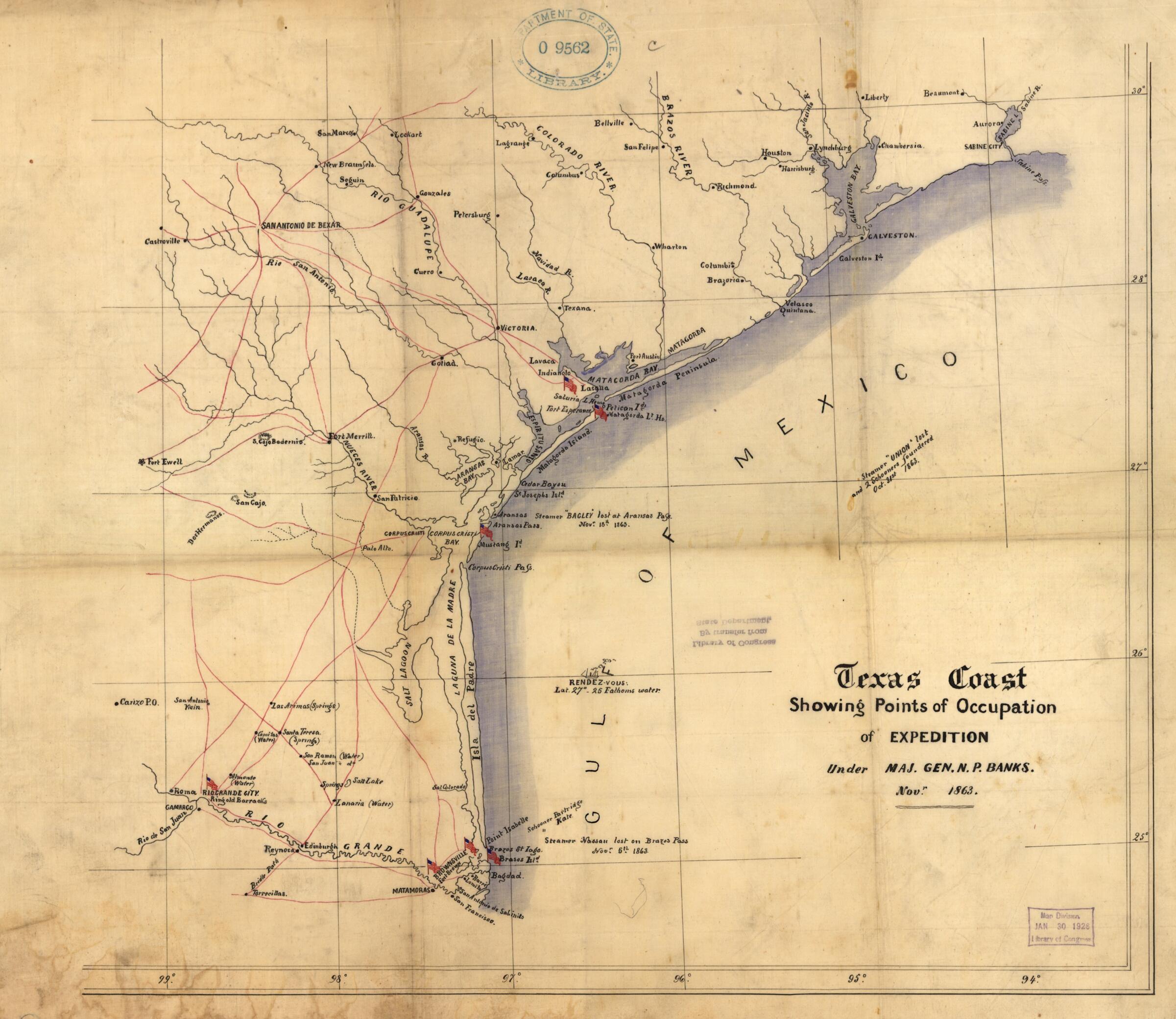 This old map of Texas Coast Showing Points of Occupation of Expedition Under Maj. Gen. N.P. Banks : Nov&
