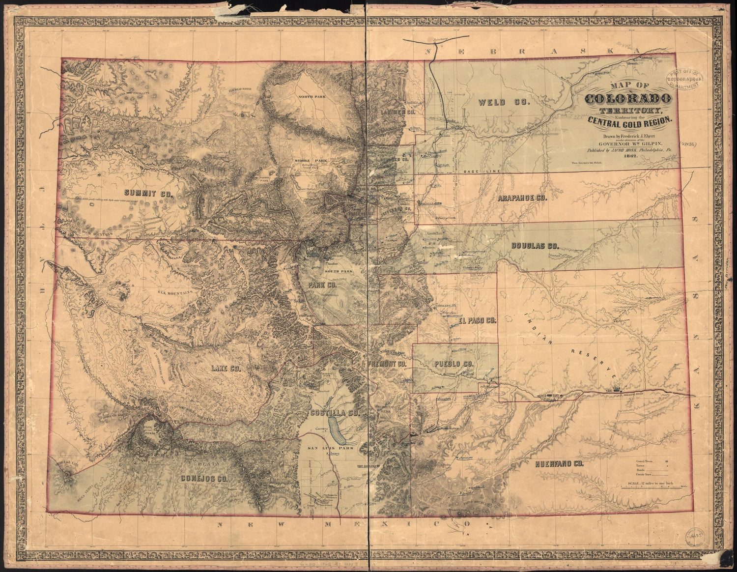 This old map of Map of Colorado Territory Embracing the Central Gold Region from 1862 was created by Frederick J. Ebert, William Gilpin, Jacob Monk,  T. Sinclair&