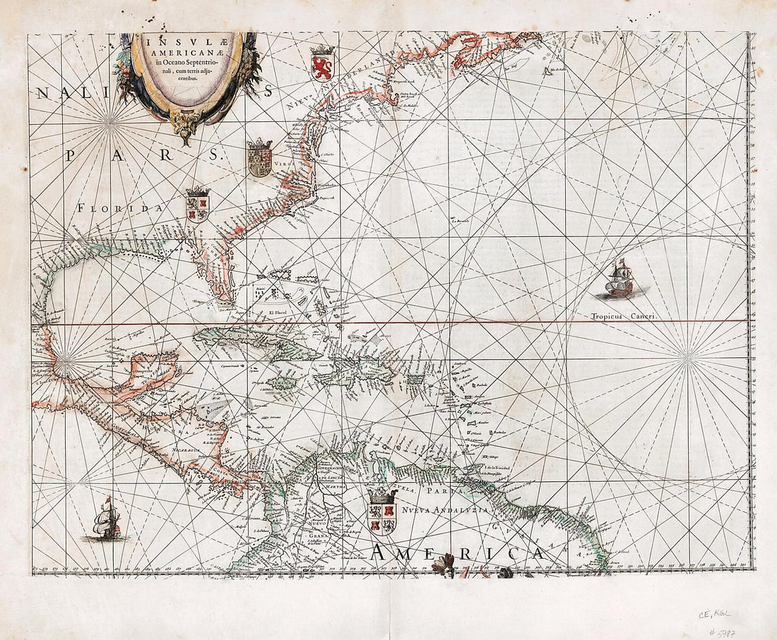 This old map of Insvlæ Americanæ In Oceano Septentrionali Cum Terris Adjacentibus. (Insulæ Americanæ In Oceano Septentrionali Cum Terris Adjacentibus) from 1634 was created by Willem Janszoon Blaeu in 1634