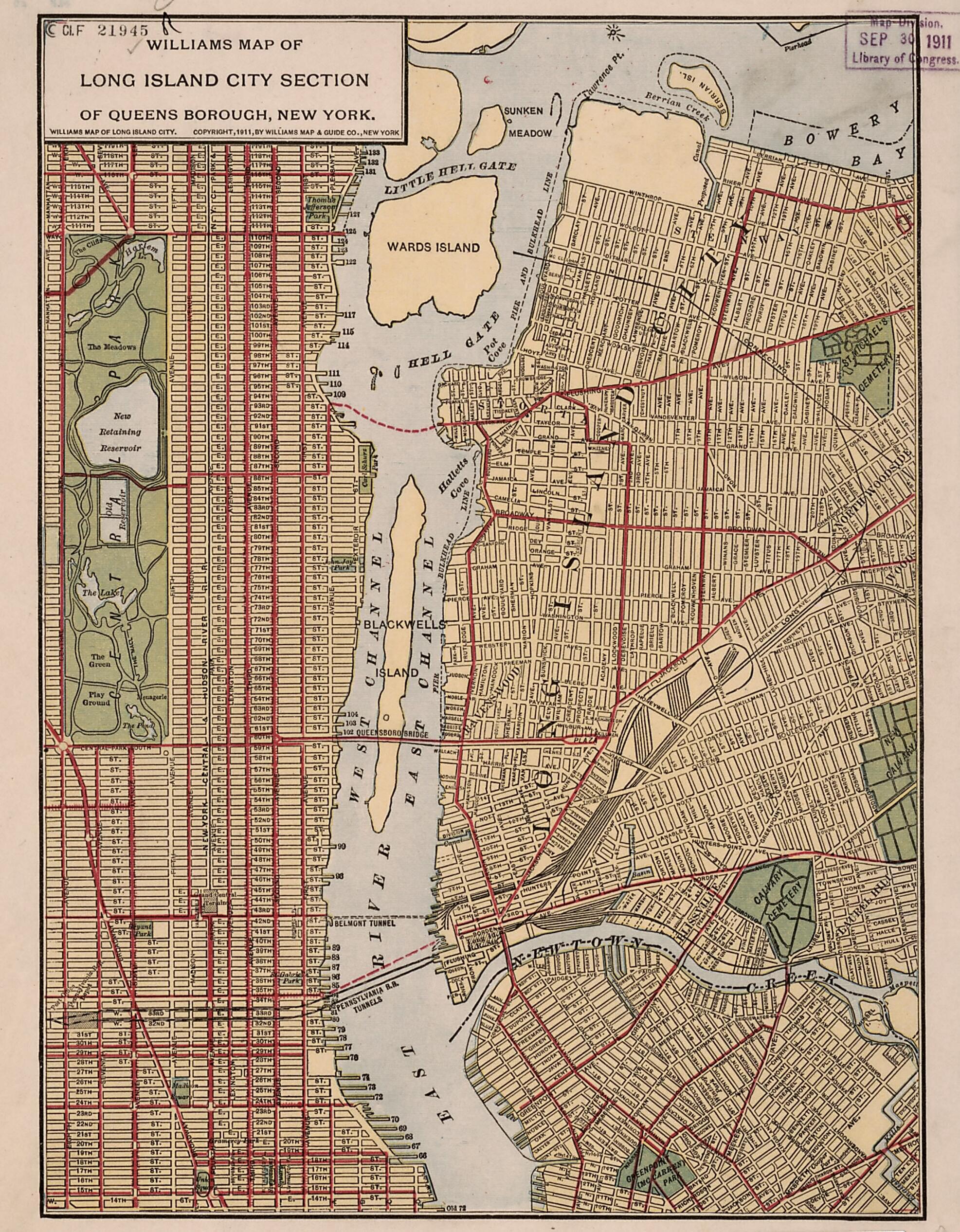 This old map of Williams Map of Long Island City Section of Queens Borough, New York. (Williams Map of Long Island City) from 1911 was created by  Williams Map &amp; Guide Co in 1911