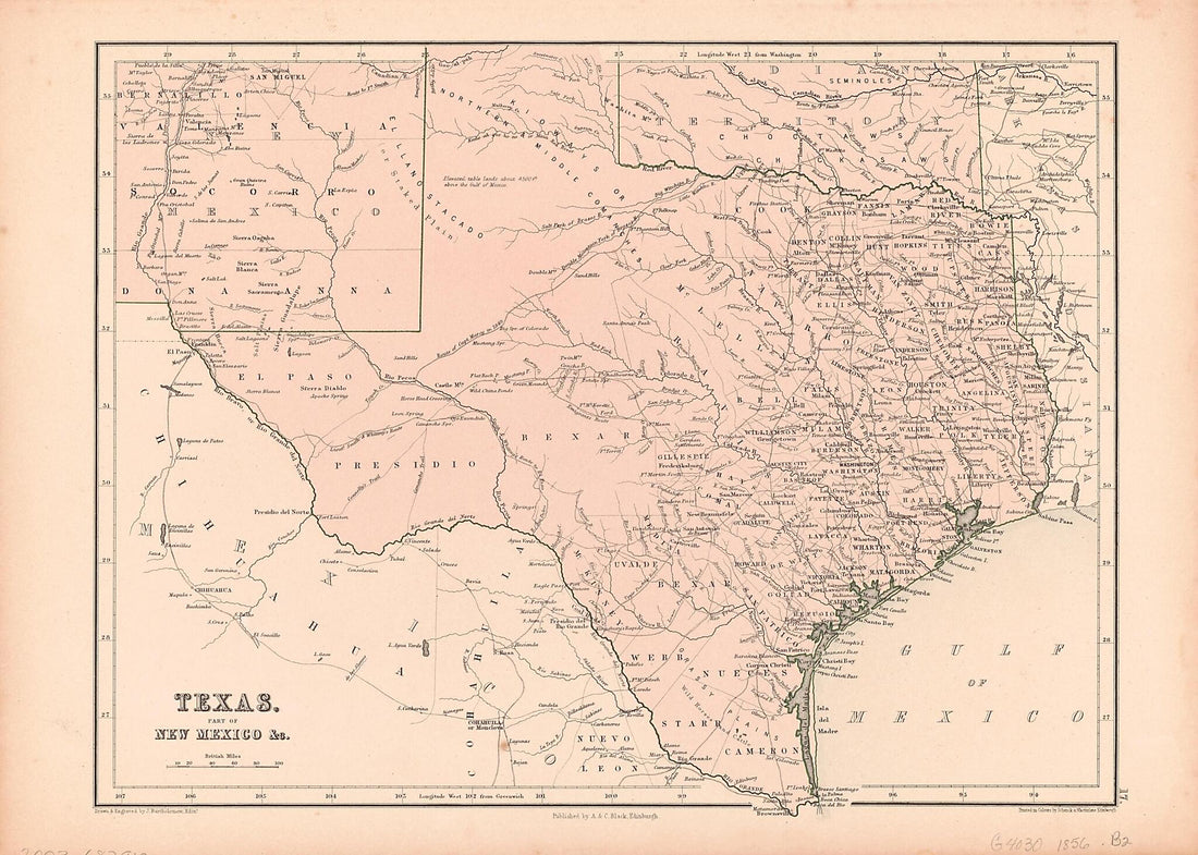 This old map of Texas, Part of New Mexico &amp; C from 1856 was created by  Adam and Charles Black (Firm), John Bartholomew in 1856