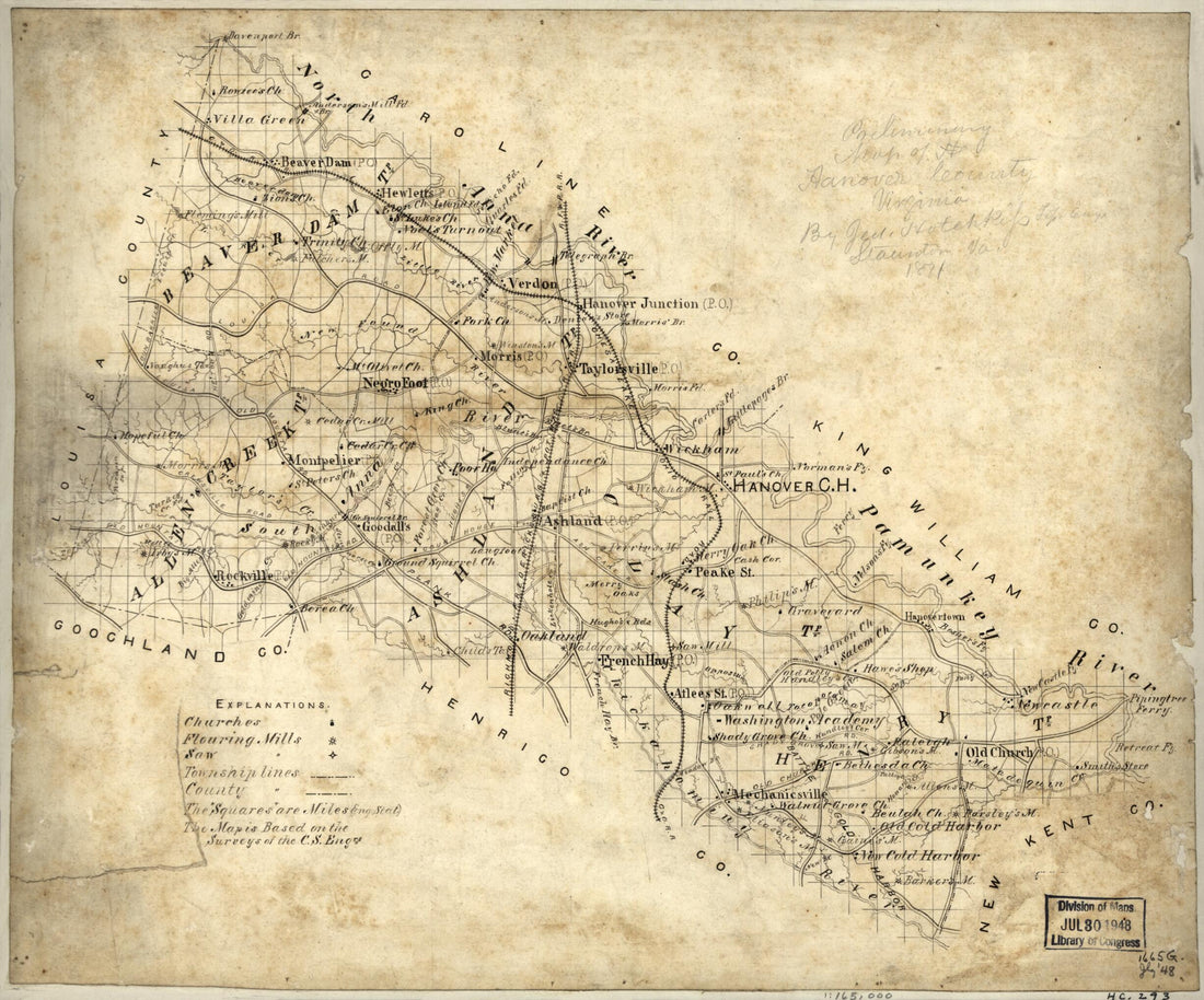 This old map of Preliminary Map of Hanover County, Virginia from 1871 was created by Jedediah Hotchkiss in 1871