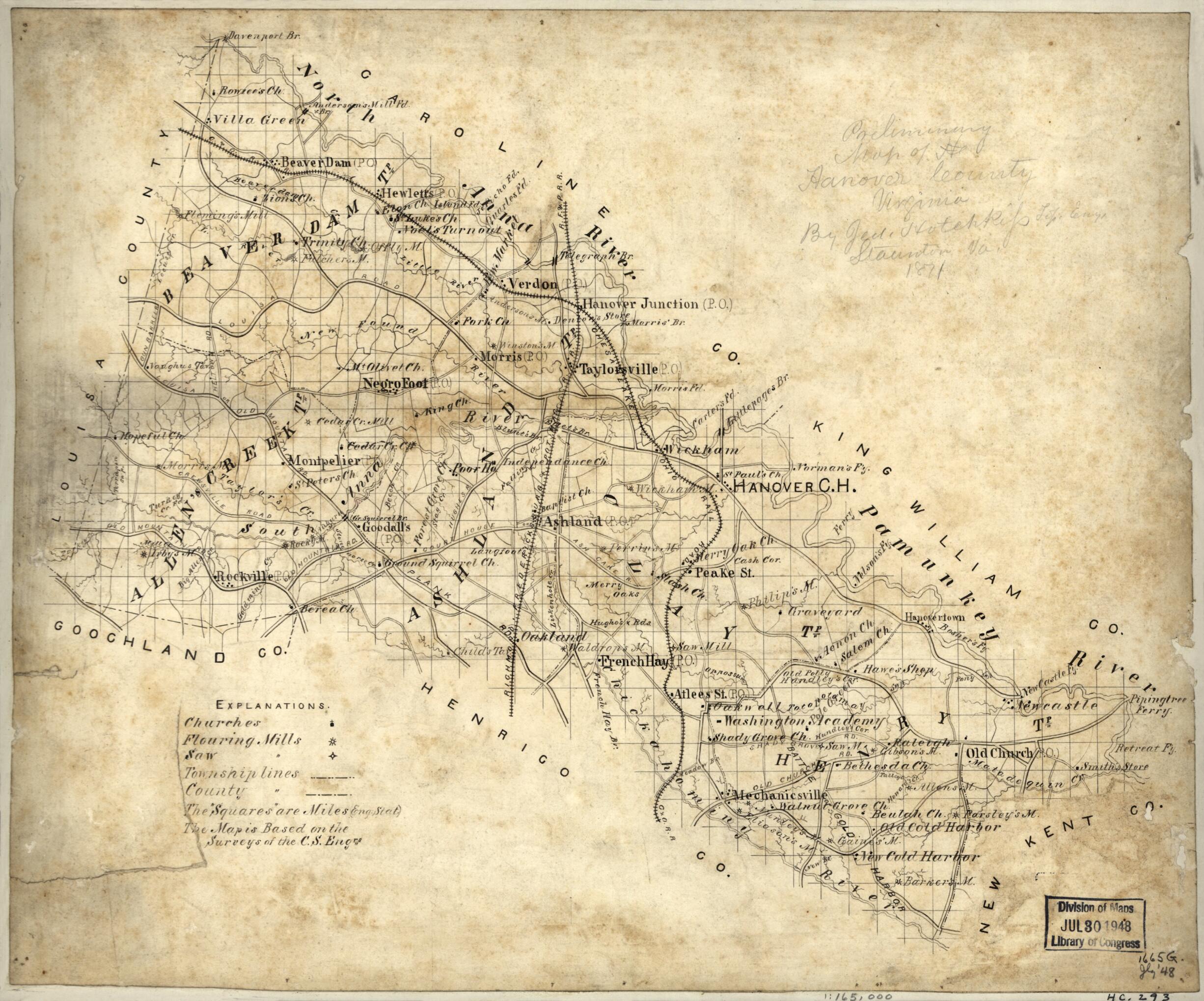 This old map of Preliminary Map of Hanover County, Virginia from 1871 was created by Jedediah Hotchkiss in 1871