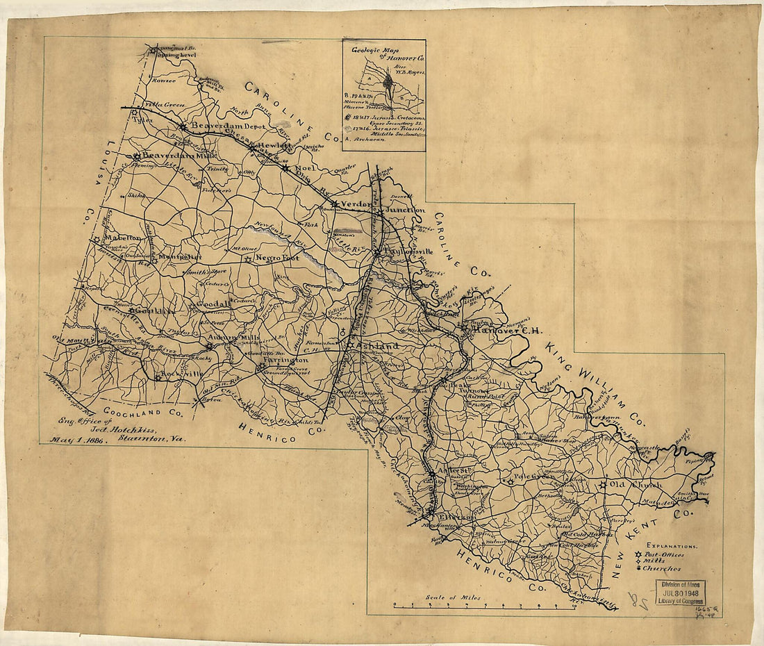 This old map of Map of Hanover County, Virginia from 1886 was created by Jedediah Hotchkiss in 1886