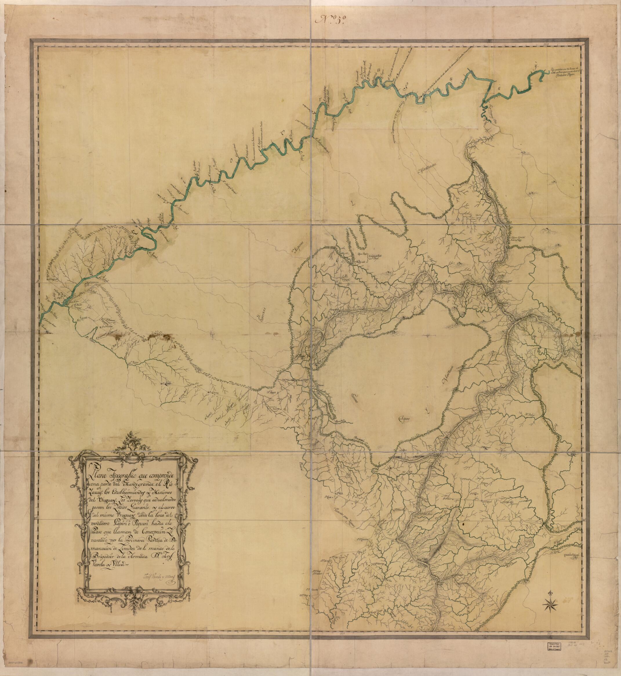 This old map of Plano Topografico Que Comprende Una Parte Del Montegrande, El Rio Yacuy, Los Establecimentos Y Misiones Del Uruguay, Los Yervales Que Actualmento Poseen Los Indios Guaranias Y El Curso Del Mismo Uruguay Desde La Boca Del Verdadero Pepiri 