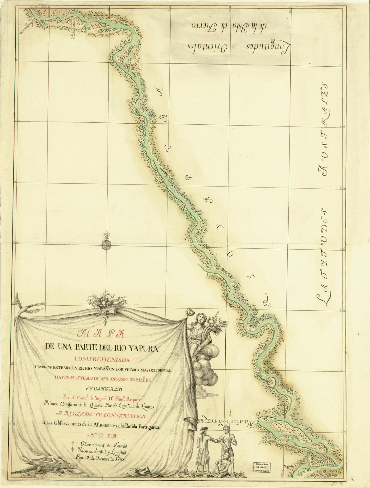 Mapa De Una Parte Del Rio Yapura : Comprehendida Desde Su Entrada En El Rio Marañon Por Su Boca Mas Occidental Hasta El Pueblo De San Antonio De Maripi 1788 by Relic Map Company
