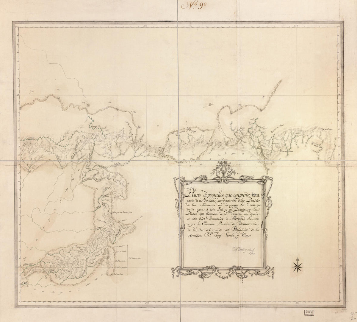 Plano Topografico Que Conprende Una Parte De Los Yervales Pertenecientes a Los Pueblos De Las Misiones Del Uruguay, La Cresta Que Divide Aguas a Este Rio Y Al Yacuy Y La Picada Que Llaman De Sta. Victoria Por Donde Se Sale a Los Dominios De Portugal 1780 by Relic Map Company