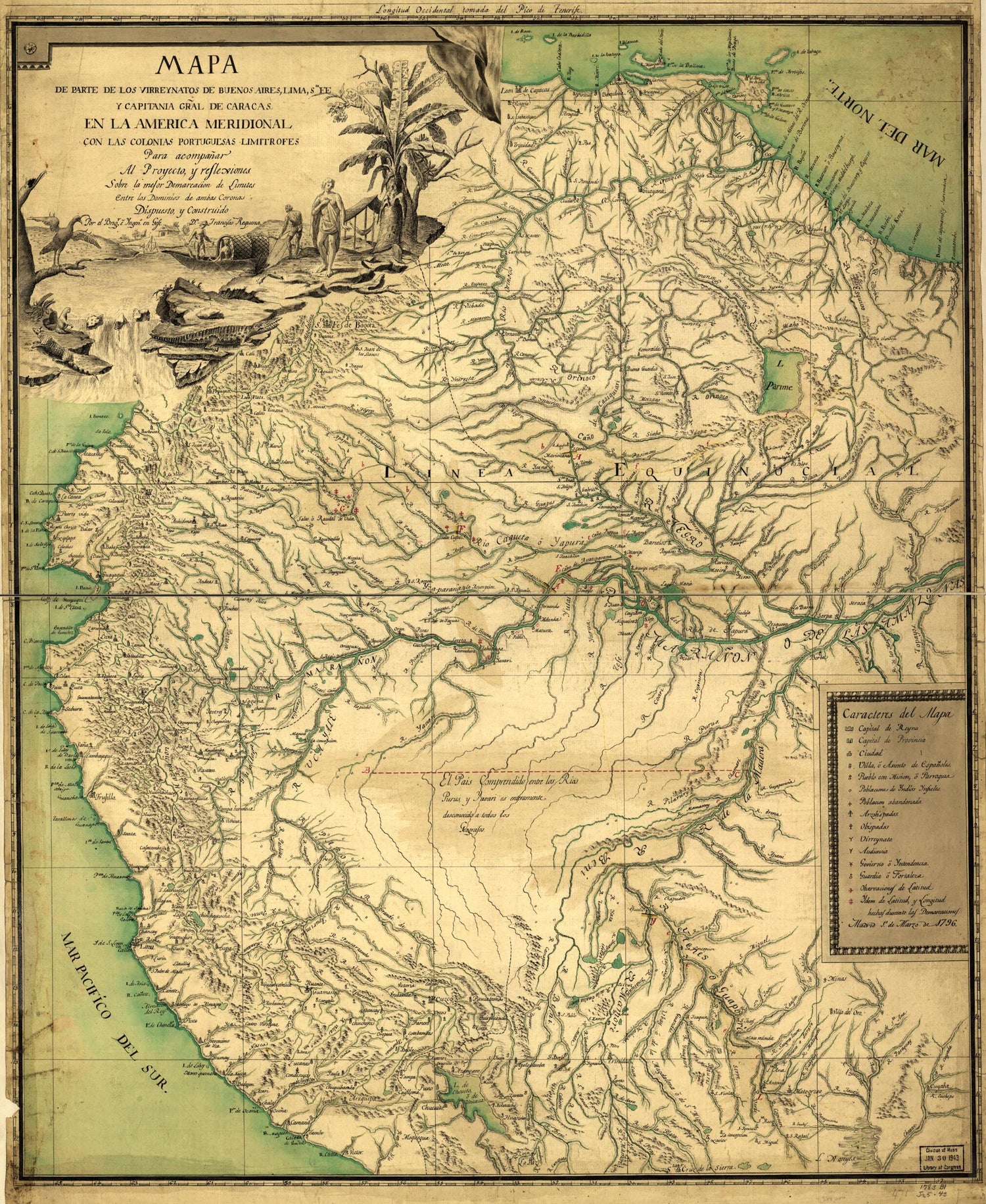 Mapa De Parte De Los Virreynatos De Buenos Aires, Lima, Sta. Fe Y Capitania Gral. De Caracas En La America Meridional Con Las Colonias Portuguesas Limitrofes Para Acompañar Al Proyecto Y Reflexiones Sobre La Mejor Demarcacion De Limites Entre Los Dom... by Relic Map Company