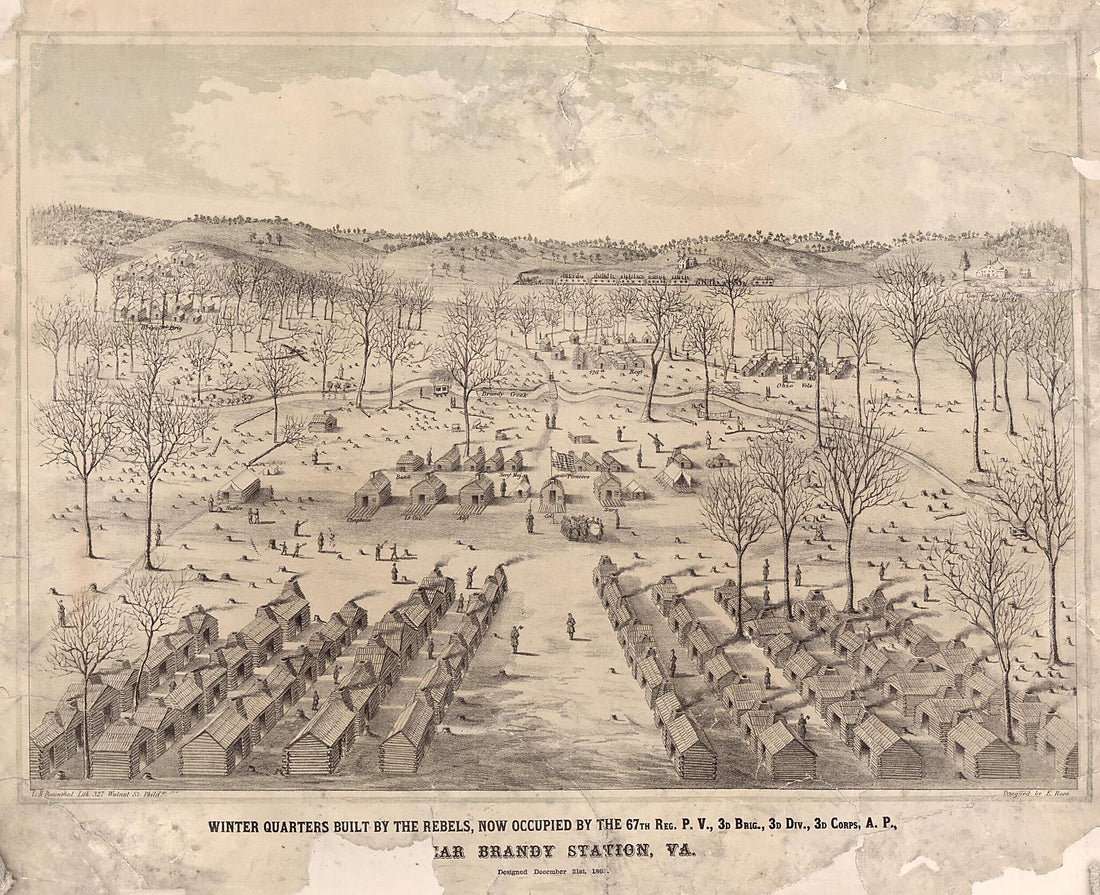 This old map of Winter Quarters Built by the Rebels, Now Occupied by the 67th Reg. P.V., 3d Brig., 3d Div., 3d Corps, A.P., near Brandy Station, Va from 1863 was created by E. Rees, L. N. (Louis N.) Rosenthal in 1863