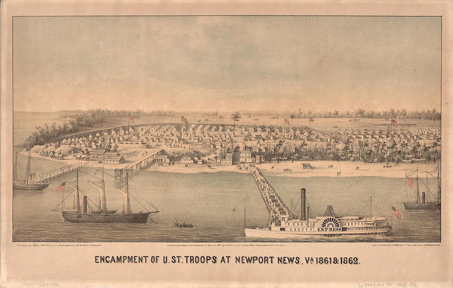 This old map of Encampment of U.St. Troops at Newport News, Va., 1861 &amp; from 1862 (Encampment of United States Troops at Newport News, Va., 1861 &amp; from 1862, Encampment of U.S. Troops at Newport News, Va., 1861 &amp; from 1862) was created by Casimir Bohn,  