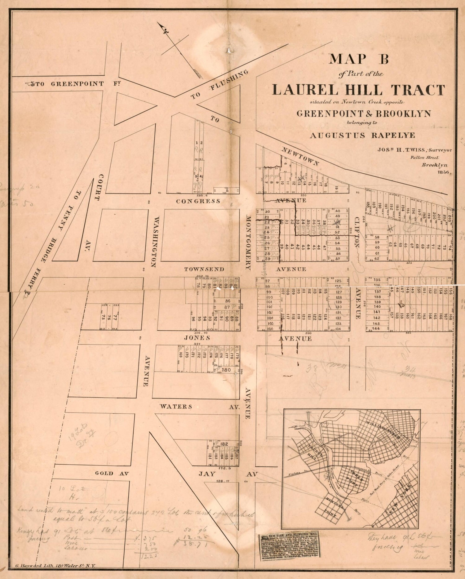 This old map of Map B of Part of the Laurel Hill Tract : Situated On Newtown Creek Opposite Greenpoint &amp; Brooklyn, Belonging to Augustus Rapelye from 1856 was created by  G. Hayward Lith, Augustus Rapelye, Jos&