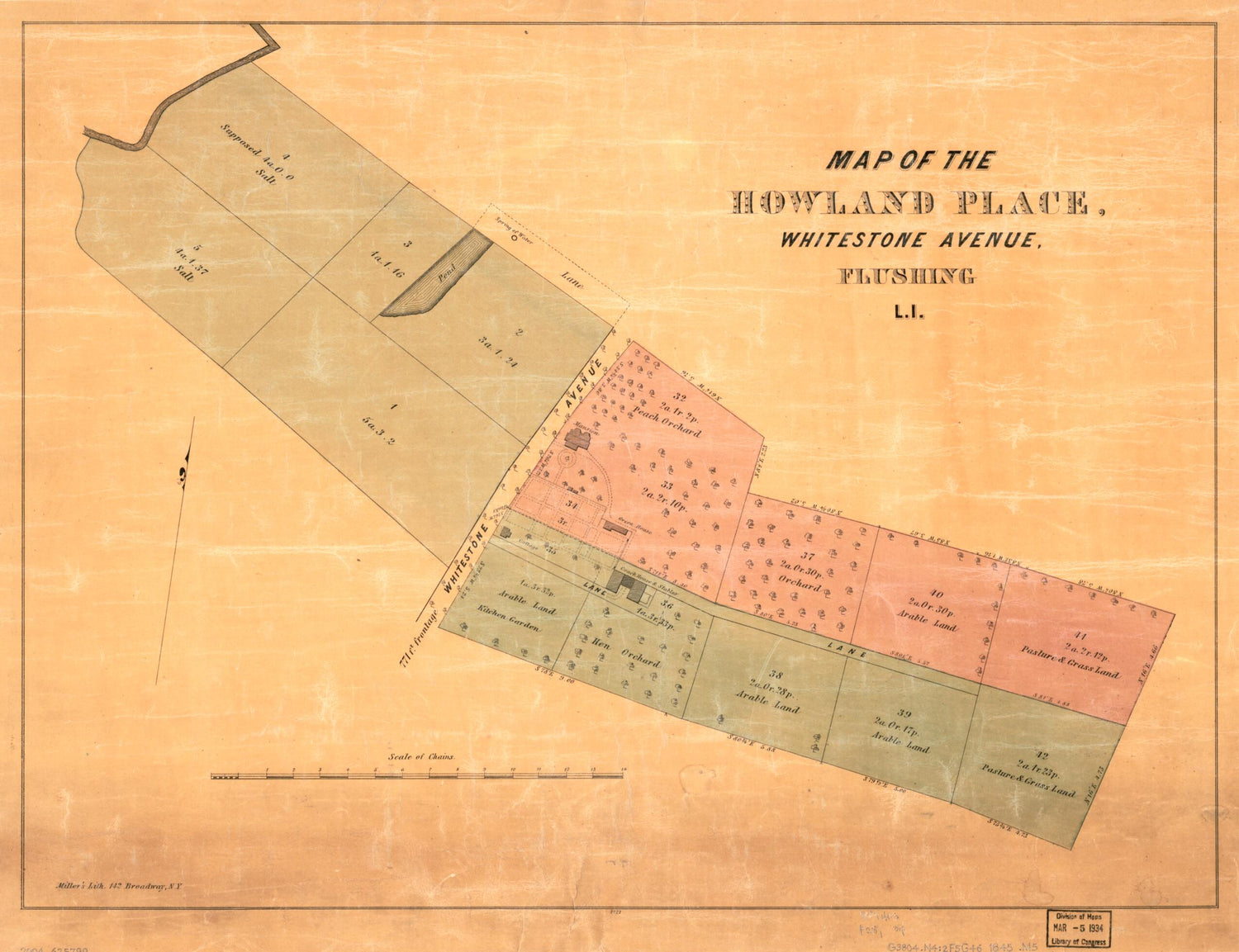 This old map of Map of the Howland Place, Whitestone Avenue, Flushing, L.I from 1845 was created by  Miller &amp; Co in 1845