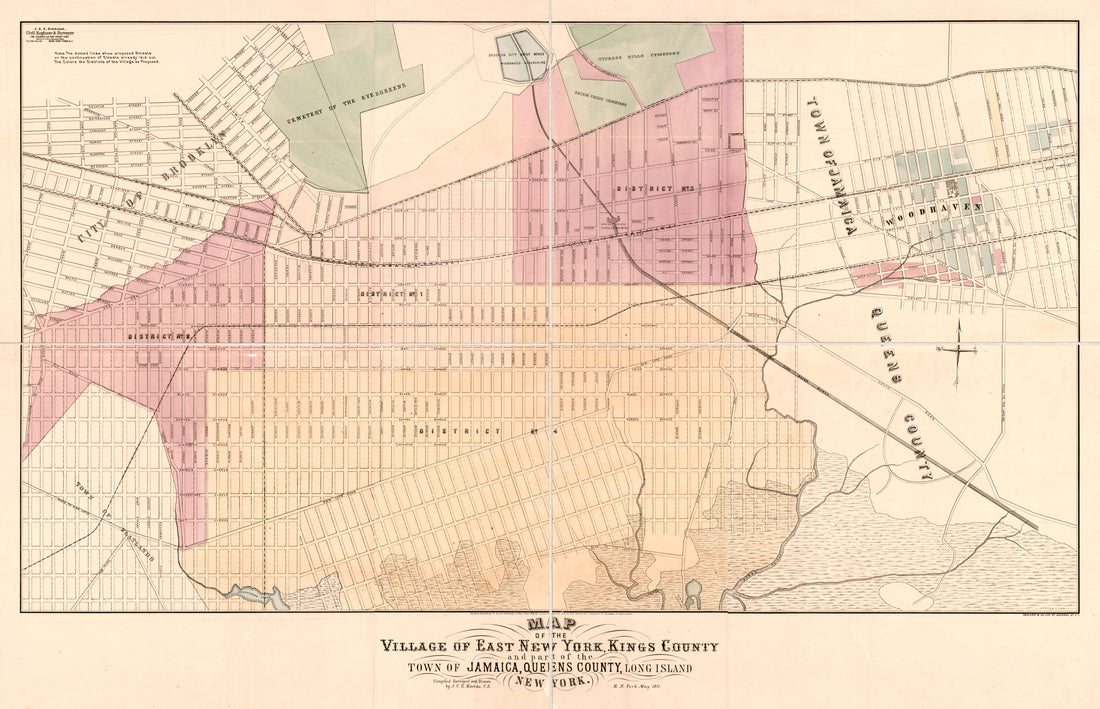 This old map of Map of the Village of East New York, Kings County, and Part of the Town of Jamaica, Queens County, Long Island, New York from 1871 was created by N.Y.) Endicott &amp; Co. (New York, J. C. E. Hinrichs in 1871