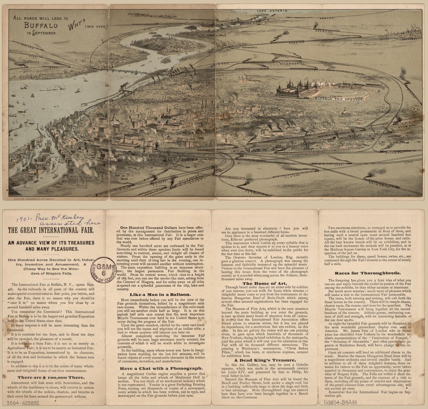 This old map of All Roads Will Lead to Buffalo In September. (Great International Fair :) from 1888 was created by  Gies &amp; Co,  International Industrial Fair in 1888