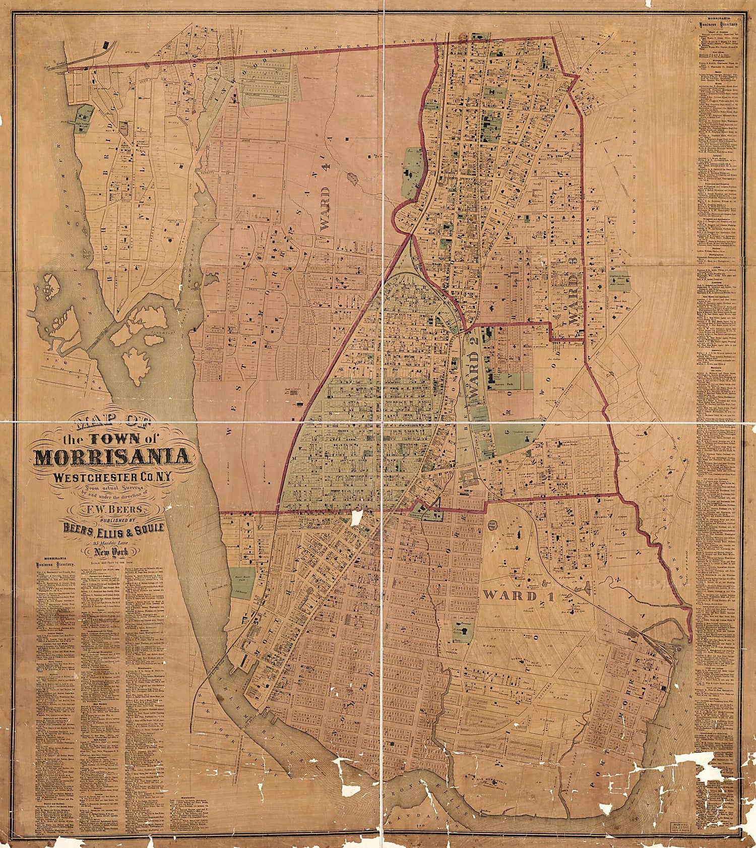 This old map of Map of the Town of Morrisania, Westchester County New York from 1865 was created by Ellis &amp; Soule Beers, F. W. (Frederick W.) Beers in 1865