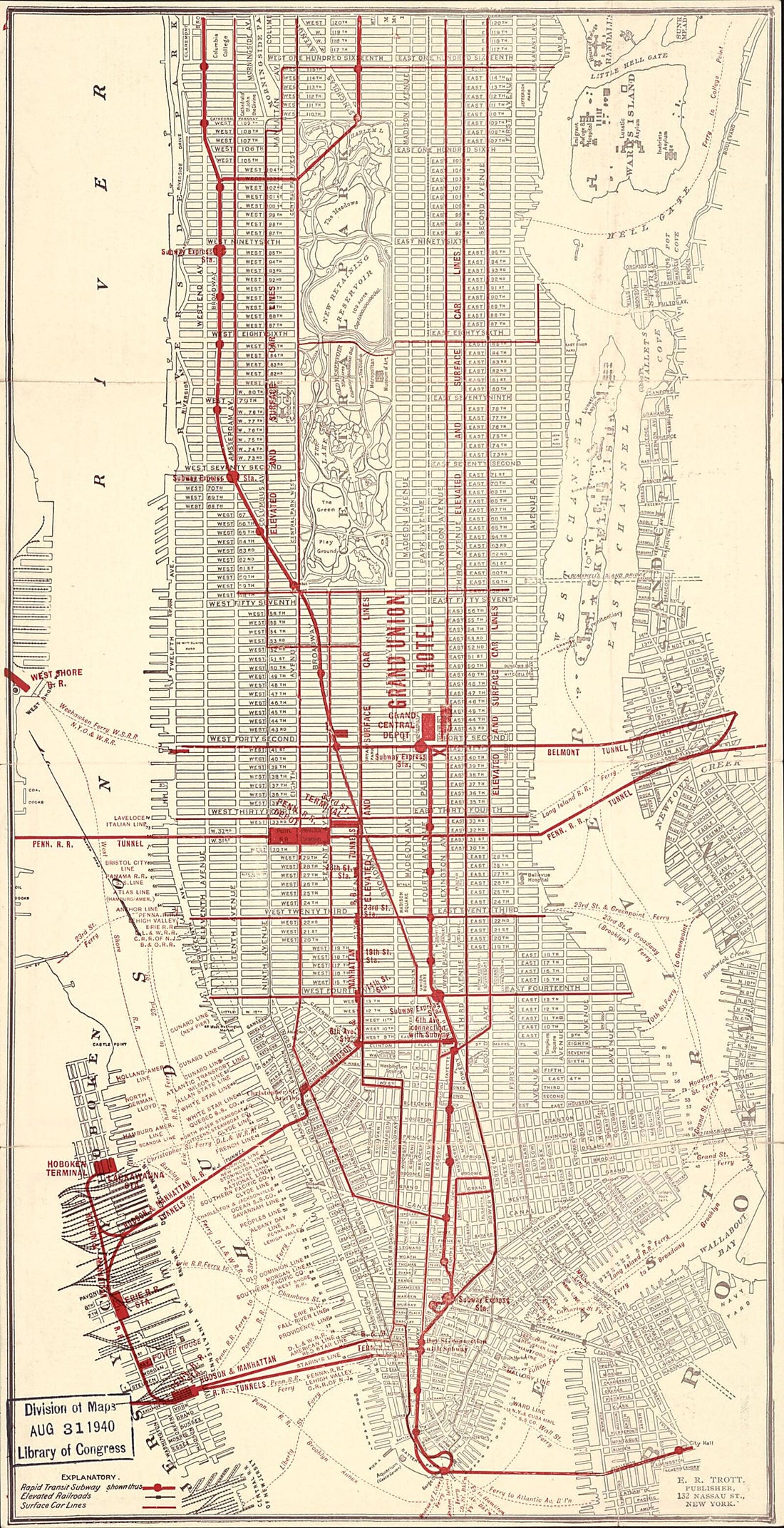 This old map of Map of New York, Places of Interest and General Information Concerning the City from 1910 was created by N.Y.) Grand Union Hotel (New York, E. R. Trott in 1910