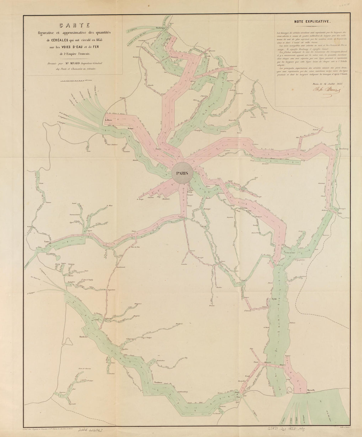 Carte Figurative Et Approximative Des Quantités De Céréales Qui Ont Circulé En in 1853 Sur Les Voies D&