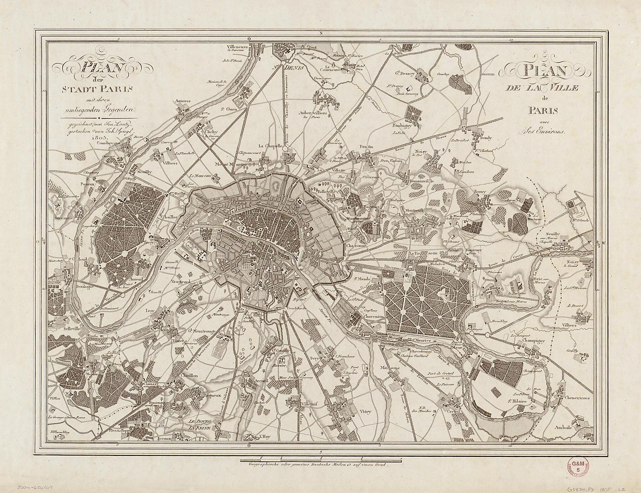 This old map of Plan Der Stadt Paris Mit Ihren Umliegenden Gegenden = Plan De La Ville De Paris Avec Ses Environs (Plan De La Ville De Paris Avec Ses Environs) from 1805 was created by Jos Lantz, Joh. (Johann) Spiegl in 1805